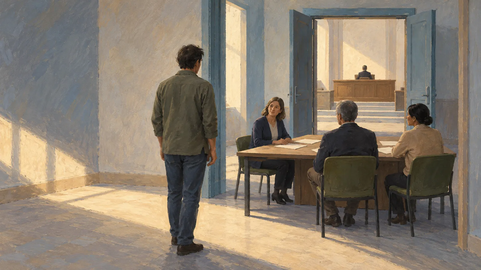 A painted scene shows a man standing near three people seated at a table with papers. Through open blue doors, another figure sits behind a raised wooden desk. SI illustration