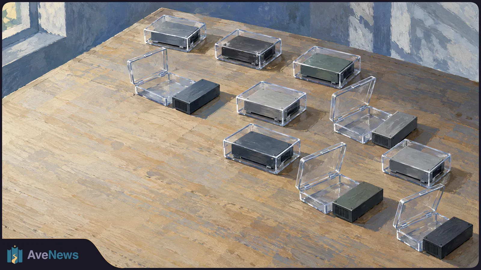 Painterly view of ten small computer boxes on a wooden table. Some sit inside clear cases; others rest beside open cases. SI illustration