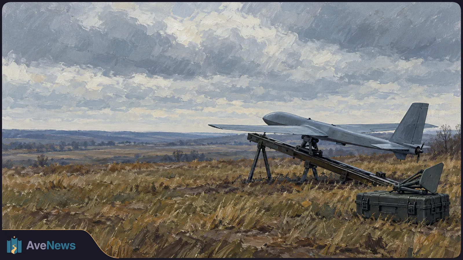 Painted scene of a gray drone on a launch rail in a grassy field, with a dish-shaped antenna and equipment case nearby under heavy clouds. SI illustration
