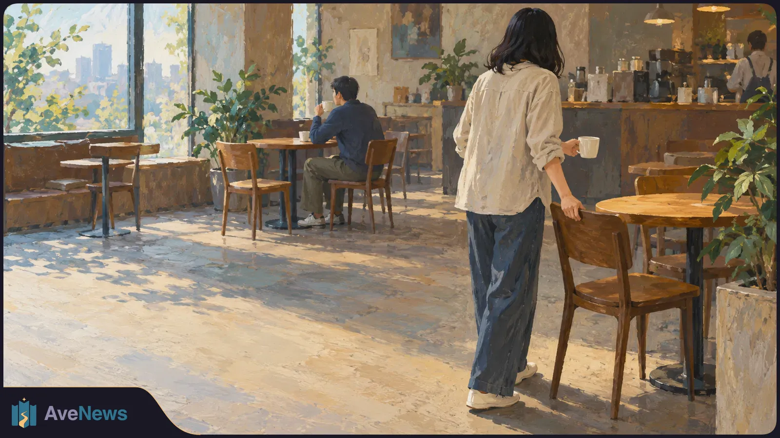 Painterly café interior with a woman holding a cup beside an empty table, a seated customer by the window, and a worker behind the counter. SI illustration