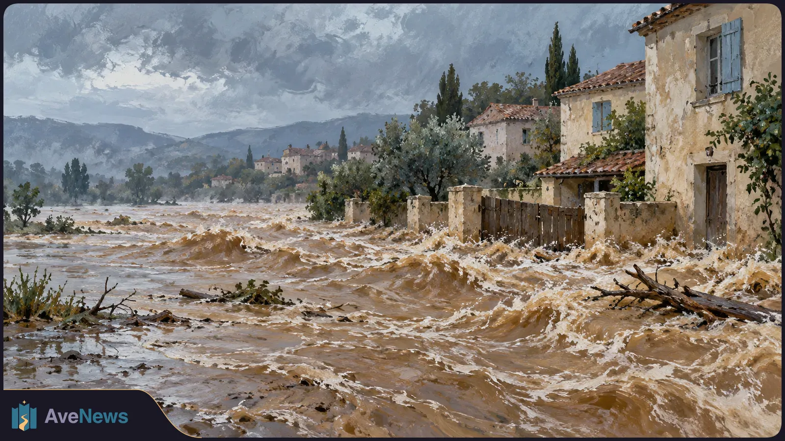 A painting of muddy floodwaters surging past stone houses and a wooden gate beneath dark storm clouds, with hills in the distance. SI illustration