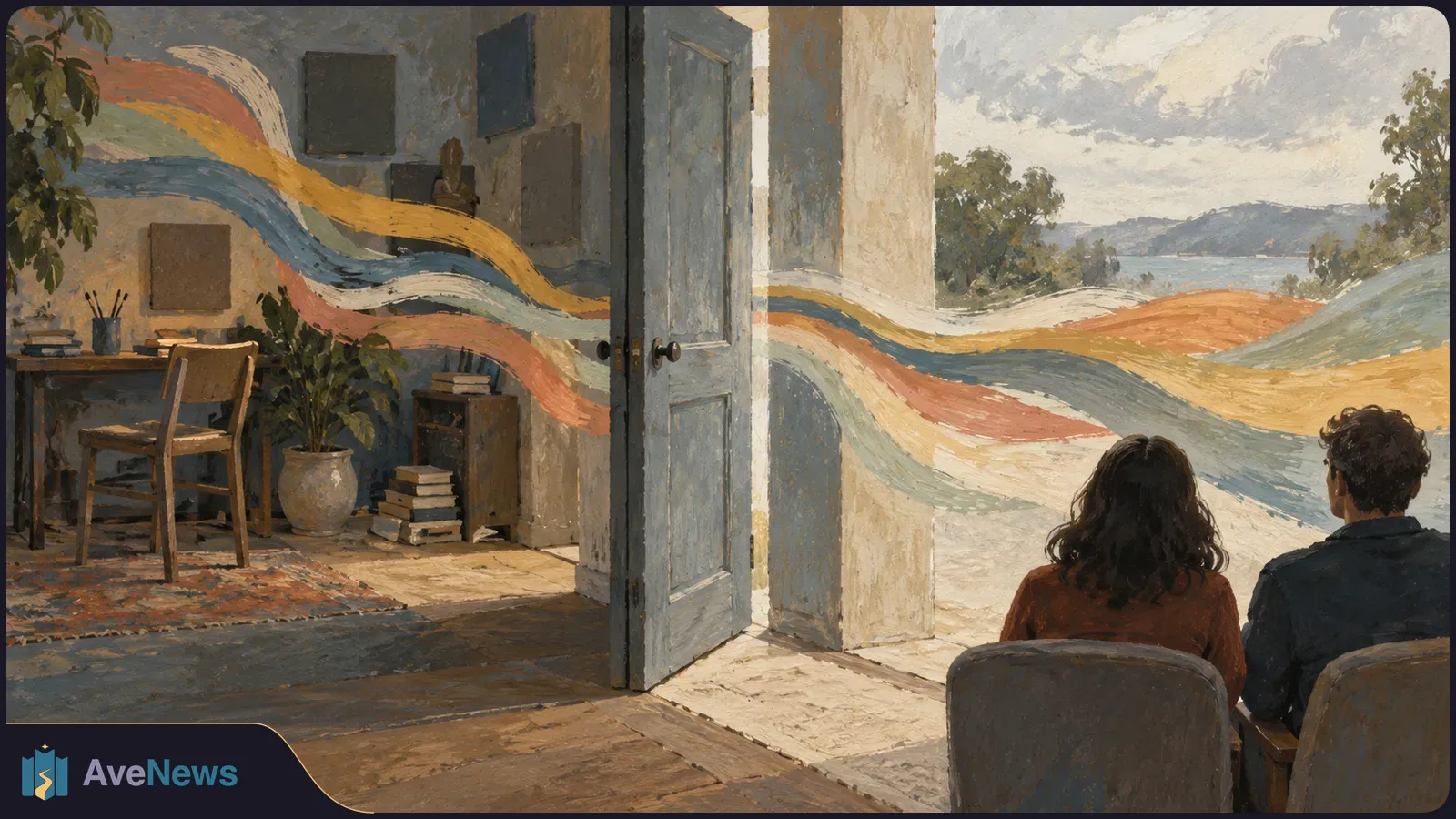 Painterly scene of two people seated beside an open door, with colorful ribbons flowing from a room with a desk and books toward a distant landscape. SI illustration