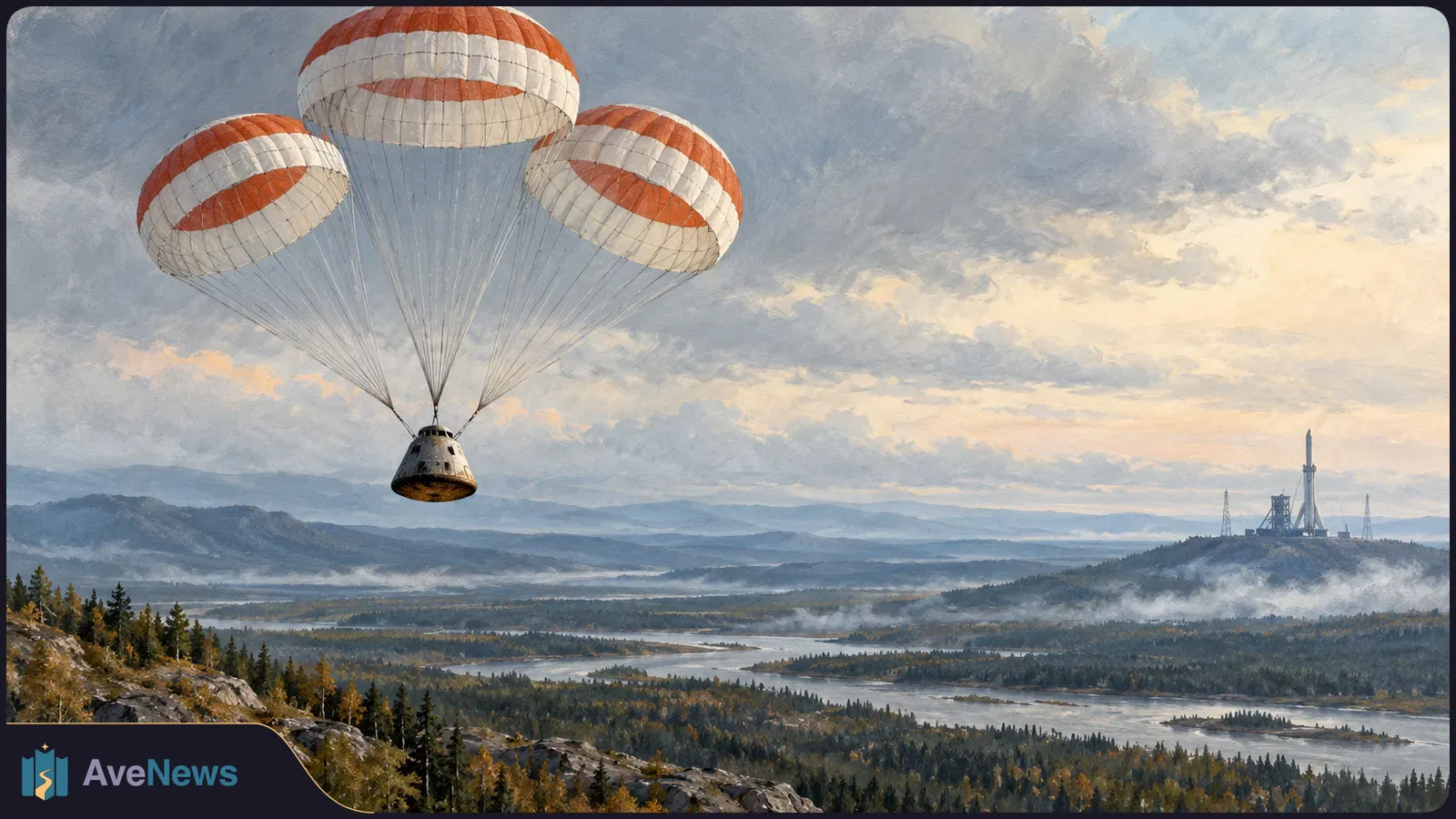 Painted spacecraft capsule descending beneath three orange-and-white parachutes over a forested river valley, with a rocket launch site in the distance. SI illustration