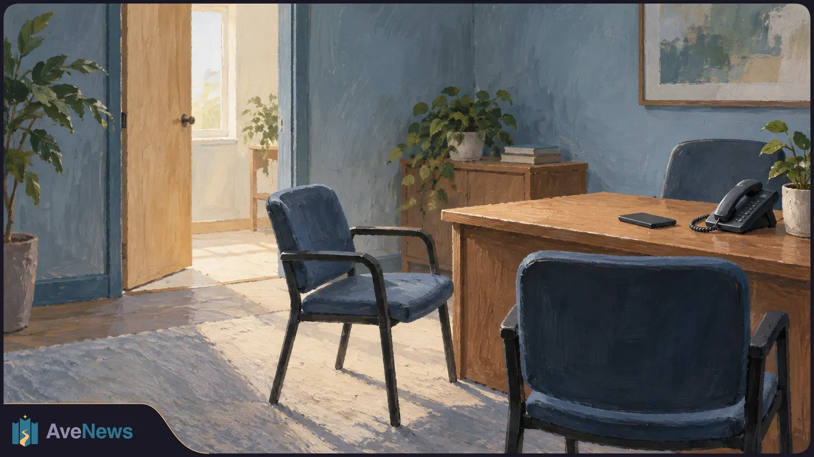 Painted office interior with two blue chairs facing a wooden desk holding a telephone and a dark rectangular object. Plants and an open door are visible. SI illustration