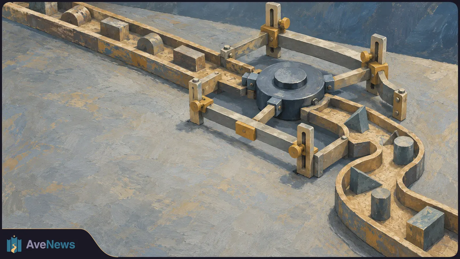 Painted mechanical maze with a dark central hub, adjustable gates, a straight rail with repeated blocks, and a winding track with varied geometric obstacles. SI illustration