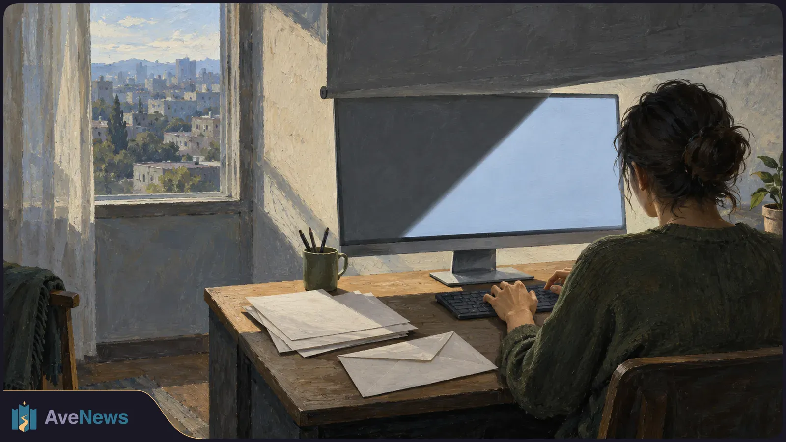Painted scene of a woman seen from behind at a desk, typing at a keyboard beside papers and an envelope. A blank monitor faces her; a city is visible through the window. SI illustration