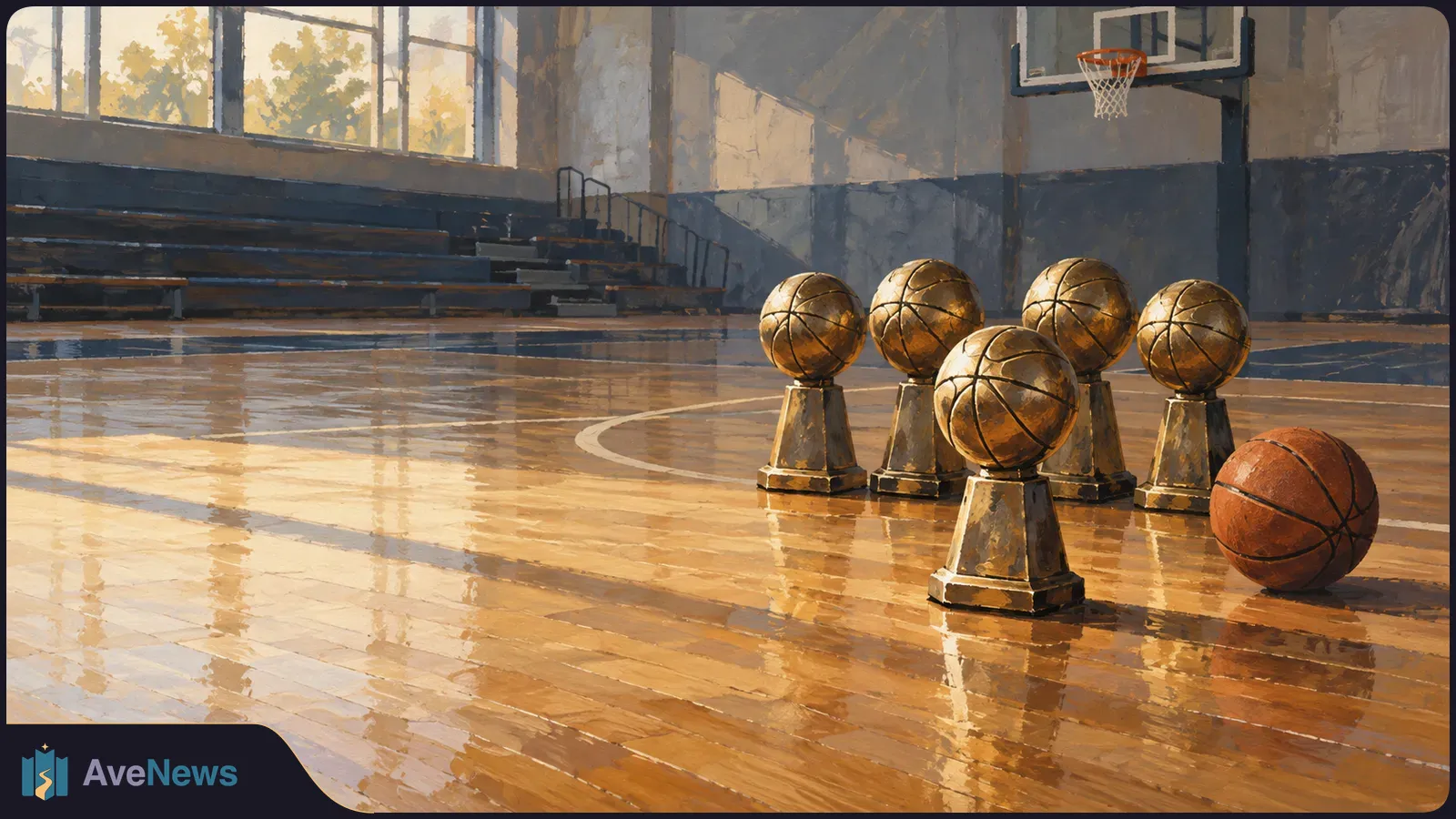 Five basketball-shaped trophies stand on a sunlit indoor court, beside a basketball; bleachers and a hoop sit in the background. SI illustration