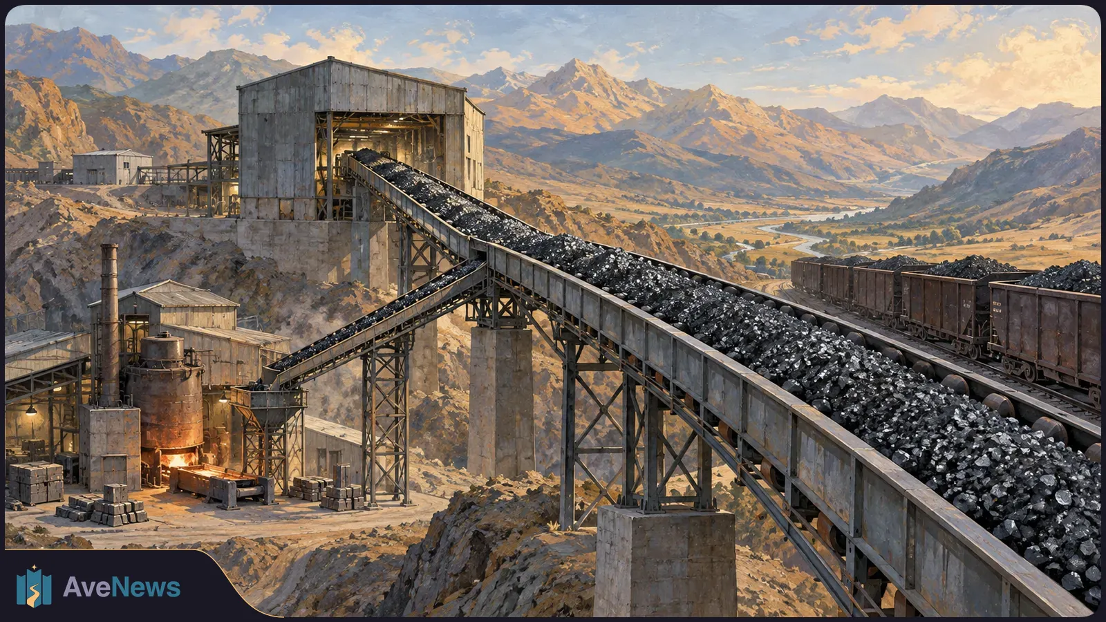 Illustration of dark ore on elevated conveyors beside loaded rail wagons and an industrial plant, with sunlit mountains beyond. SI illustration