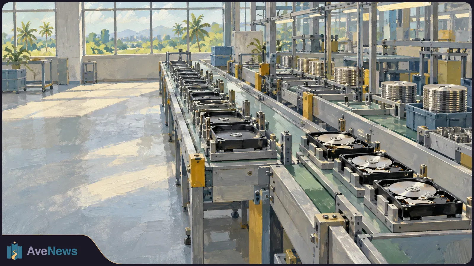 Painterly factory interior with parallel assembly lines holding open hard drives. Stacks of metal platters sit nearby, and palm trees are visible through large windows. SI illustration