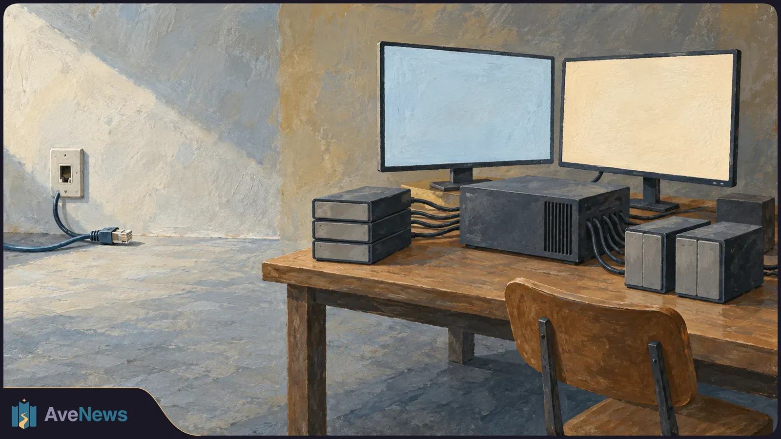 Painted illustration of two blank monitors, a computer unit and stacked drives on a wooden desk; a loose network cable lies beside a wall socket. SI illustration