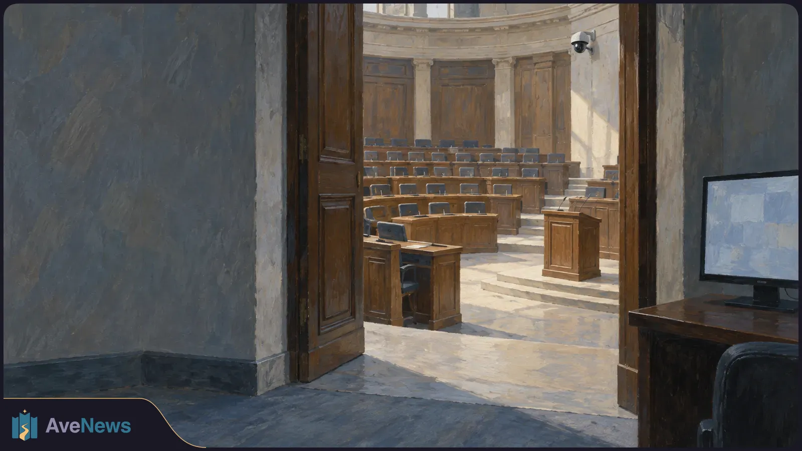An open wooden door reveals an empty tiered parliamentary chamber with a lectern. A security camera hangs on the wall, and a monitor sits in the foreground. SI illustration