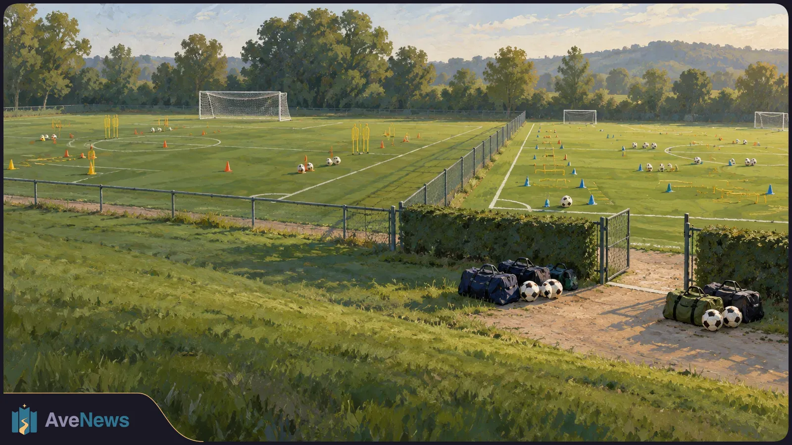 Painted view of empty soccer training fields set with goals, cones, hurdles and balls, with equipment bags by an open gate. SI illustration