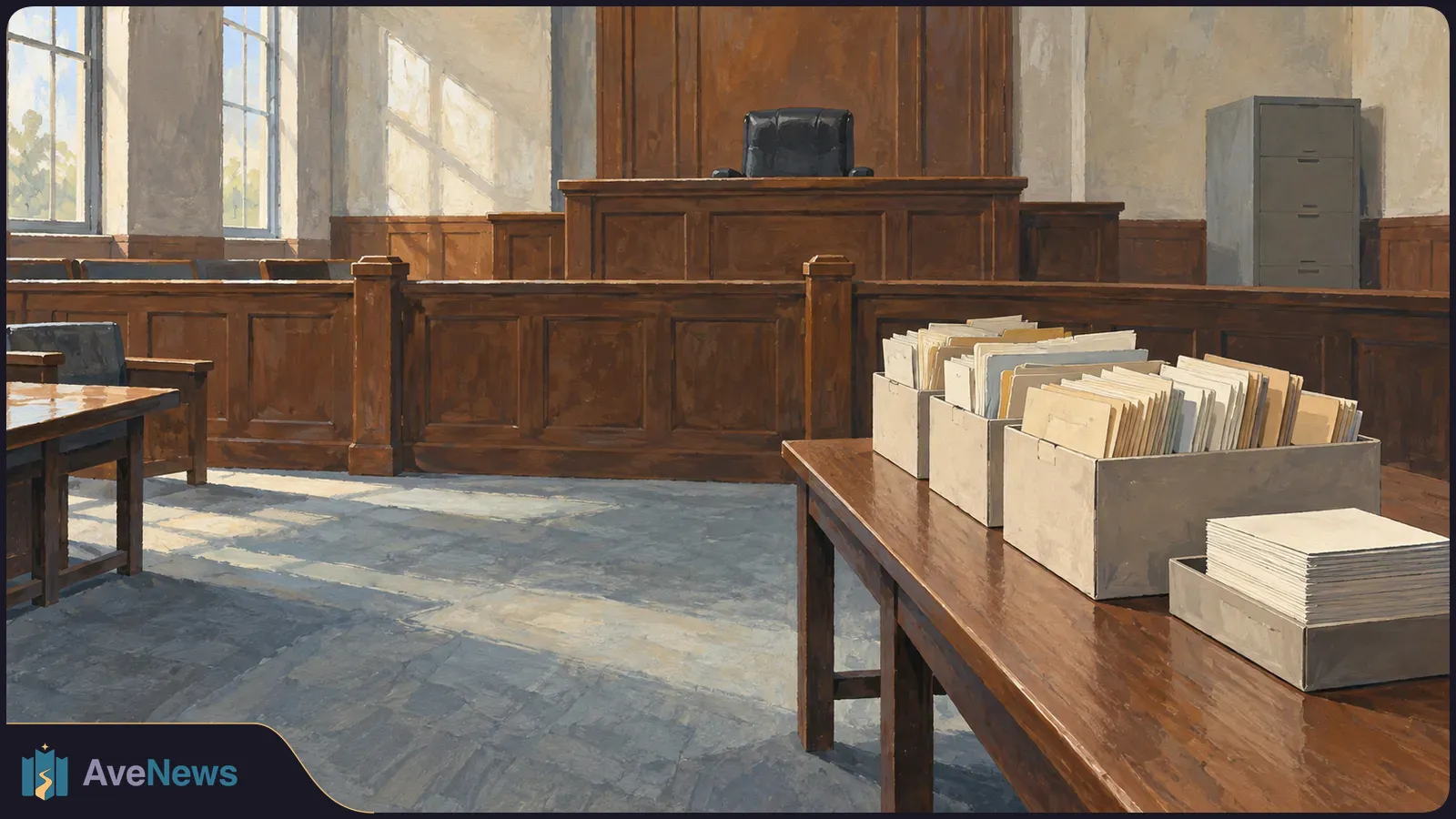 Sunlit, empty courtroom with a wooden judge’s bench; boxes of folders and a stack of papers sit on a table in the foreground. SI illustration
