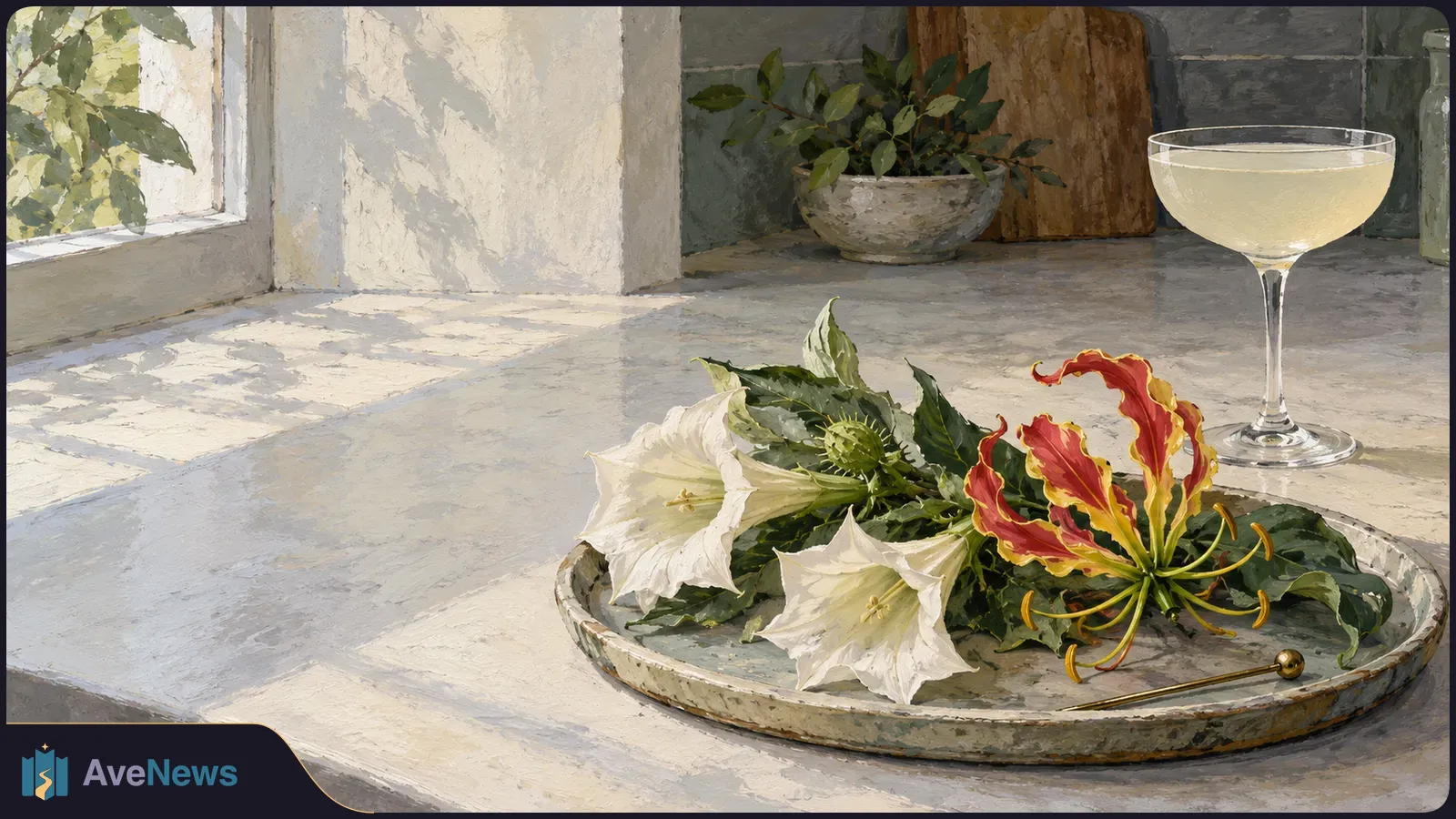 On a sunlit kitchen counter, a tray holds white trumpet-shaped and curling red-and-yellow flowers beside a pale drink in a stemmed glass. SI illustration