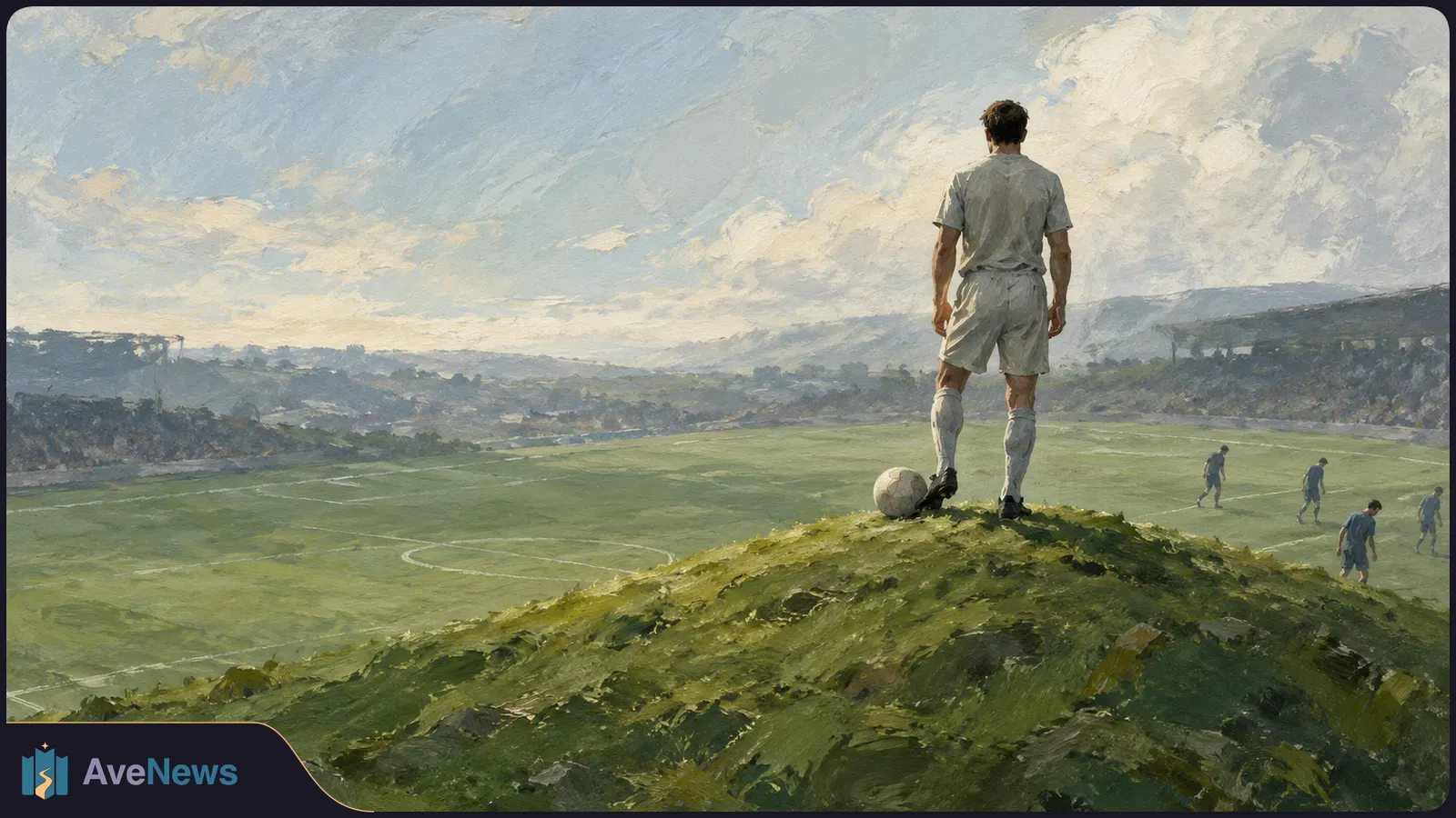 Painterly scene of a footballer in white standing beside a ball on a grassy rise, looking over a pitch with distant players and stands beneath a cloudy sky. SI illustration