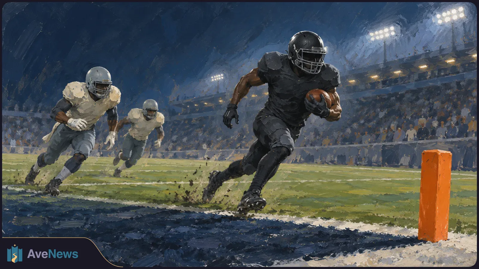 Painted football scene: a player in black runs with the ball toward an orange end-zone pylon as two players in pale jerseys chase him under stadium lights. SI illustration