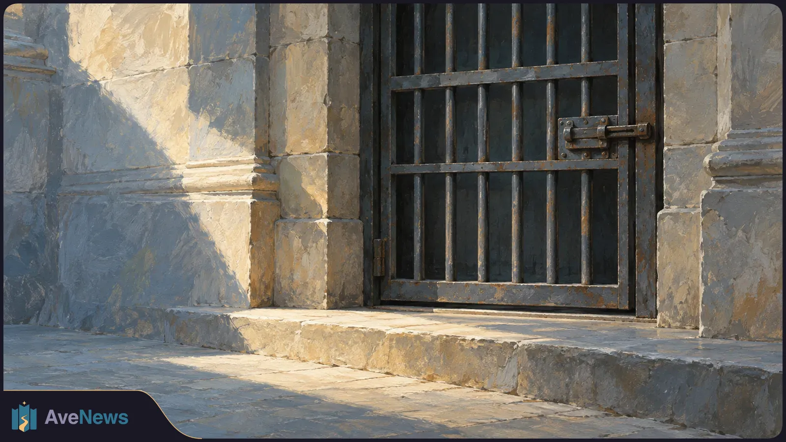 Painterly illustration of a closed metal-barred door with a sliding bolt, set in a stone wall above a sunlit step. SI illustration