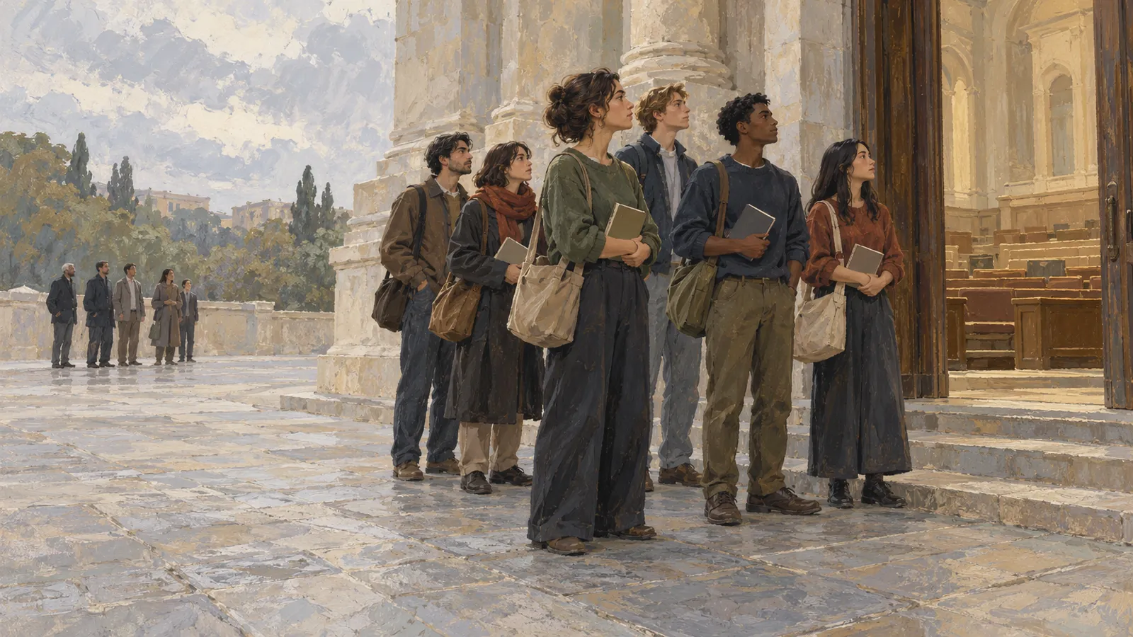 A painterly illustration of six young adults with bags and books looking toward the open doorway of a grand stone building; several people stand in the background. SI illustration
