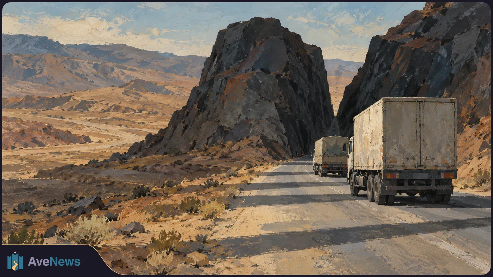Two trucks travel along a road between dark rocky cliffs in a dry, mountainous landscape. SI illustration