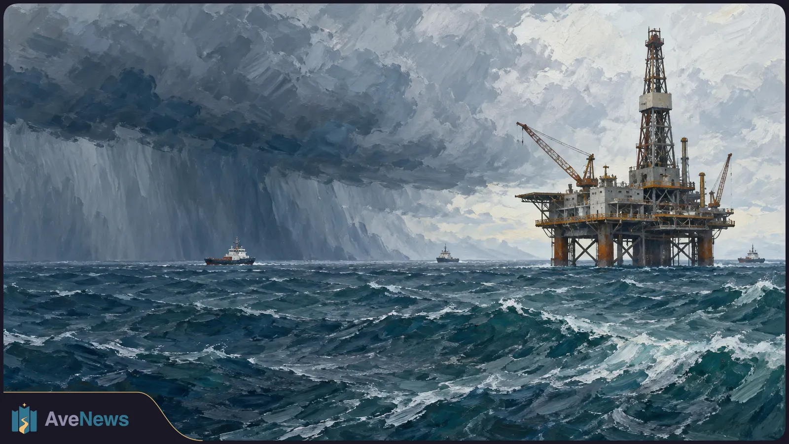 Painted offshore oil platform and three small vessels on rough seas beneath dark storm clouds and heavy rain. SI illustration