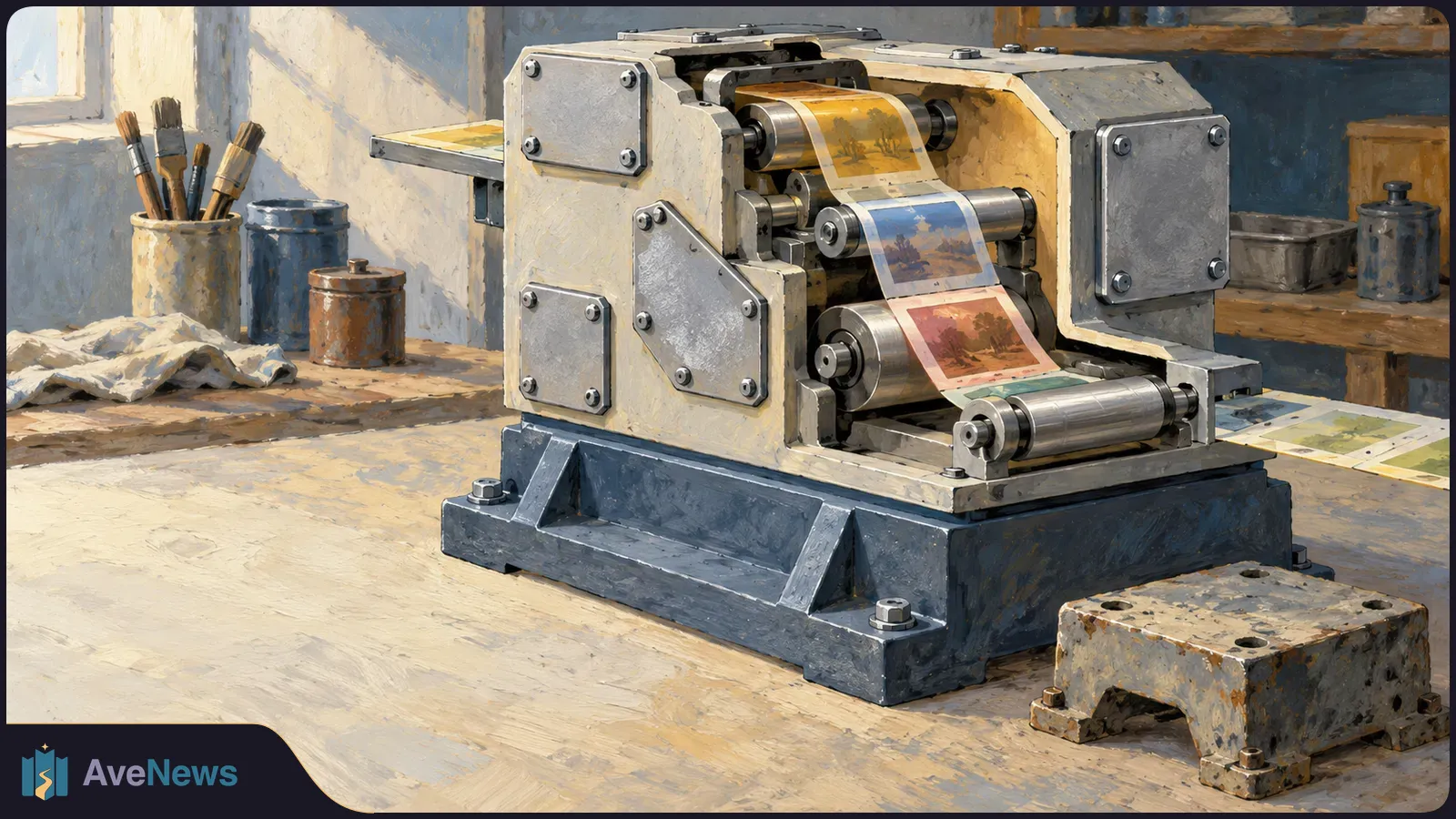 Painterly illustration of a roller machine feeding a strip of colorful pictures across a workbench, with paintbrushes and cans nearby. SI illustration