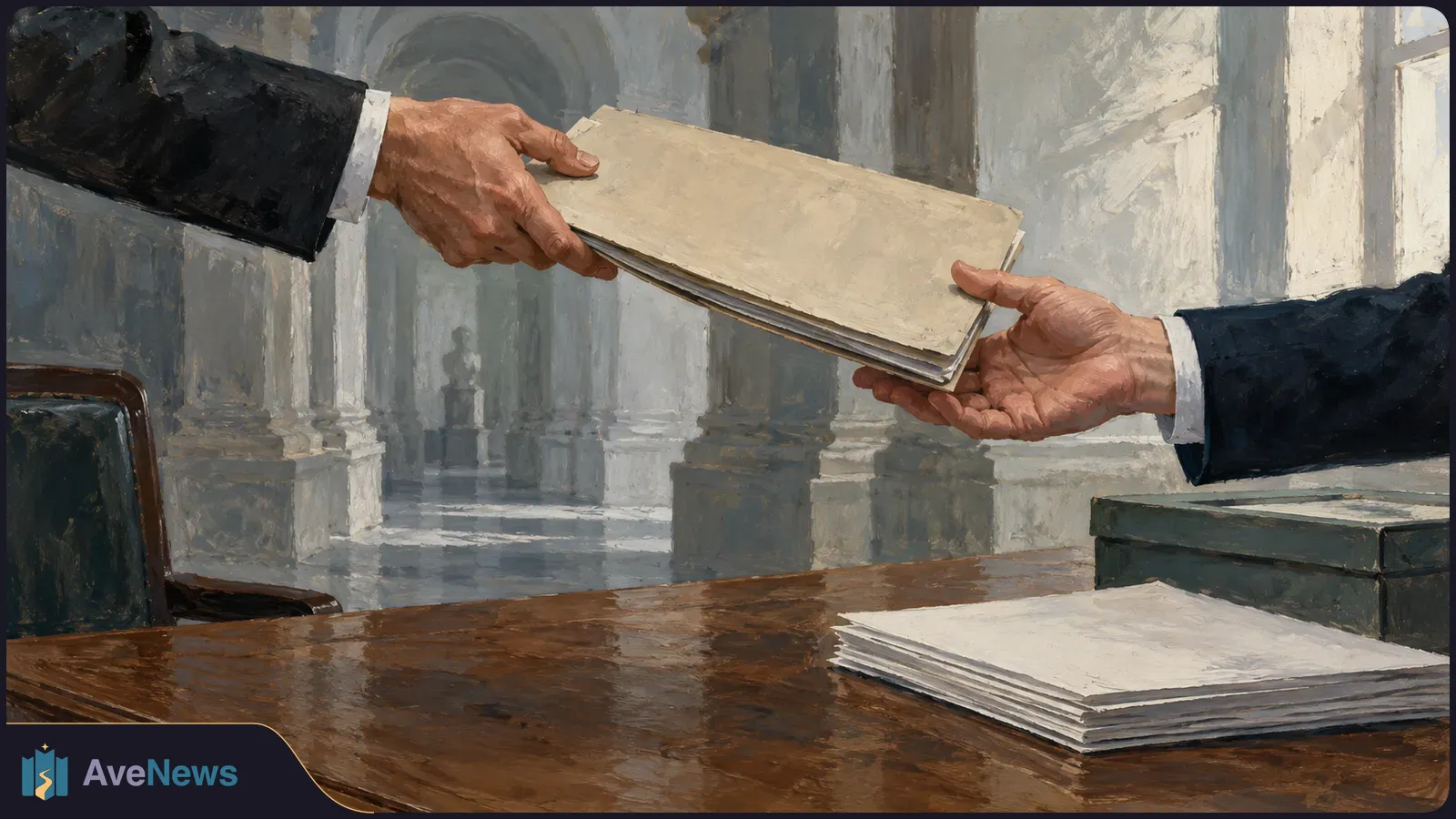 Painted illustration of two people’s hands passing a plain folder across a wooden desk, with a stack of papers and a stone-columned interior behind them. SI illustration