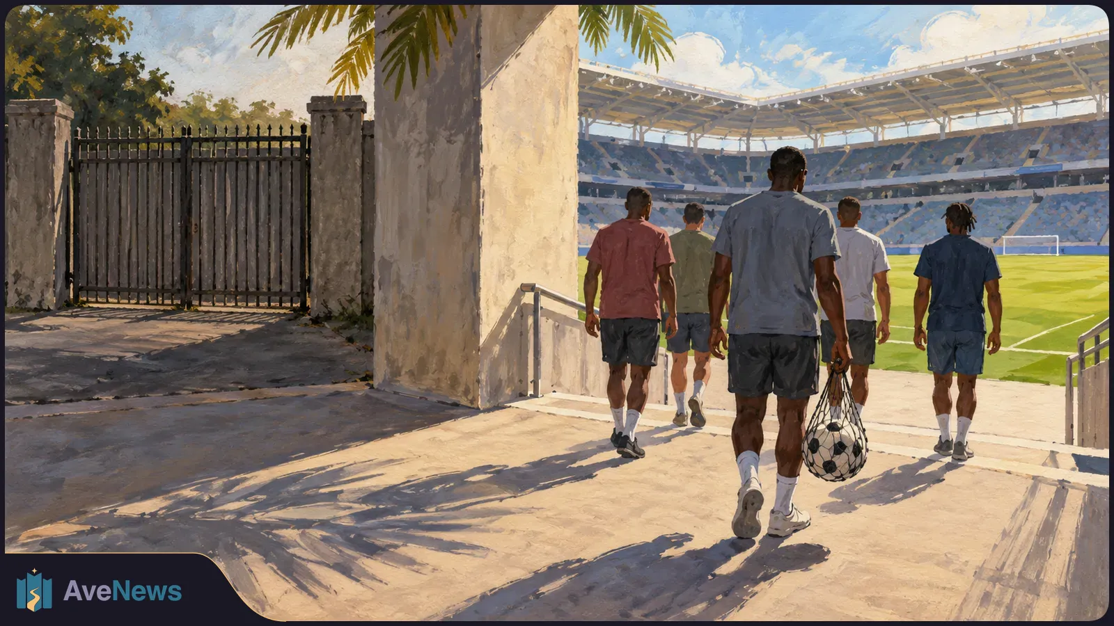 Painterly scene of five people walking toward a football pitch in a stadium; one carries a net bag of balls. A closed iron gate stands to the left. SI illustration