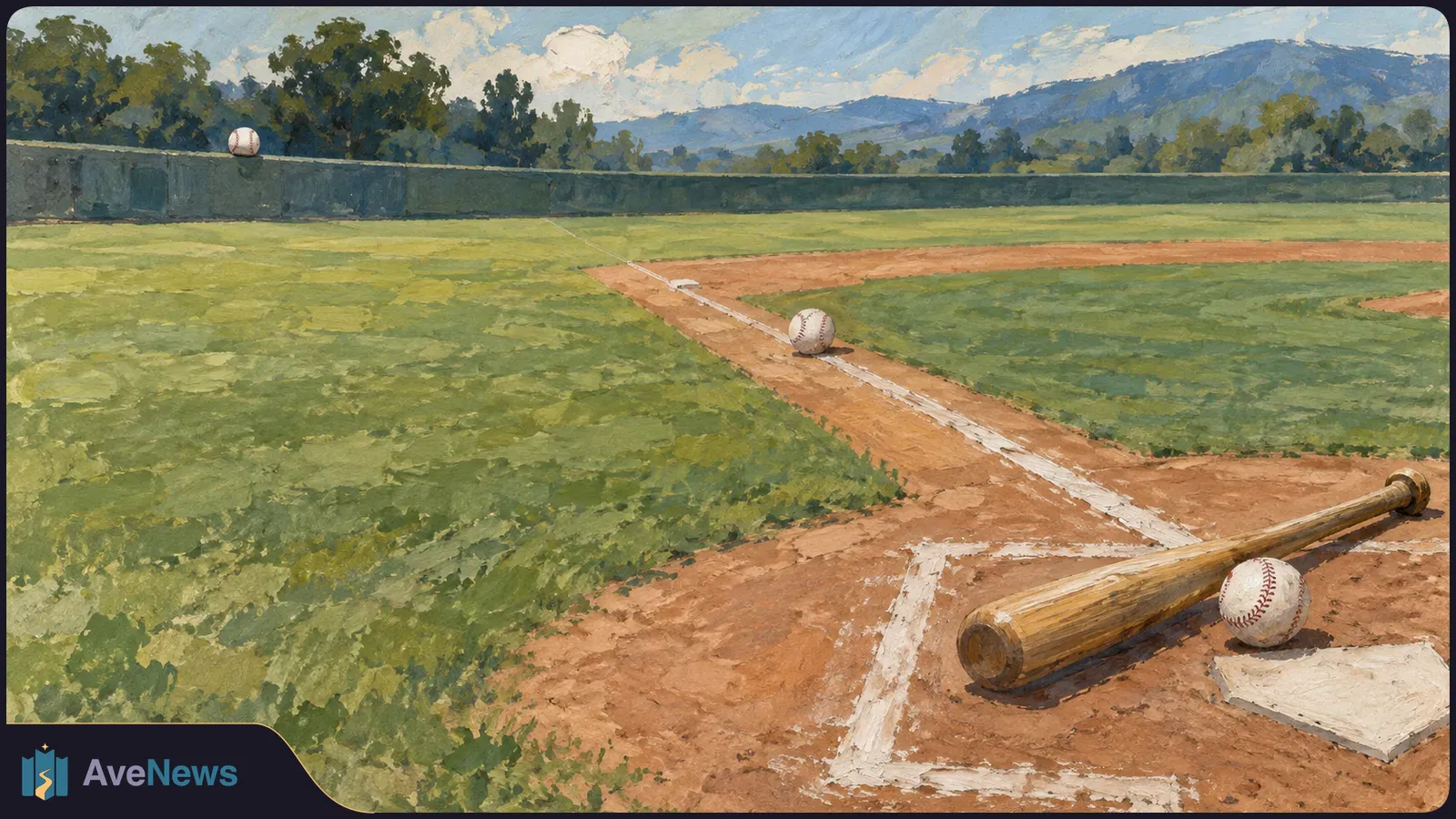 Painted empty baseball field with a bat and ball by home plate, a second ball on the foul line, and a third on the outfield fence; wooded hills rise beyond. SI illustration