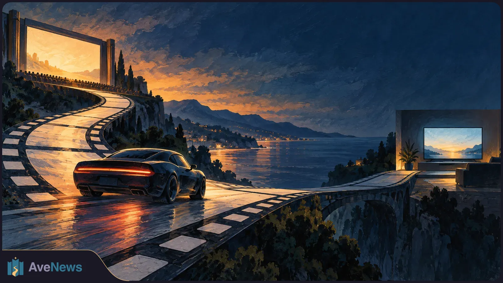 A dark sports car drives along a filmstrip-shaped road that branches toward a giant outdoor screen and a television above a coastal landscape at dusk. SI illustration