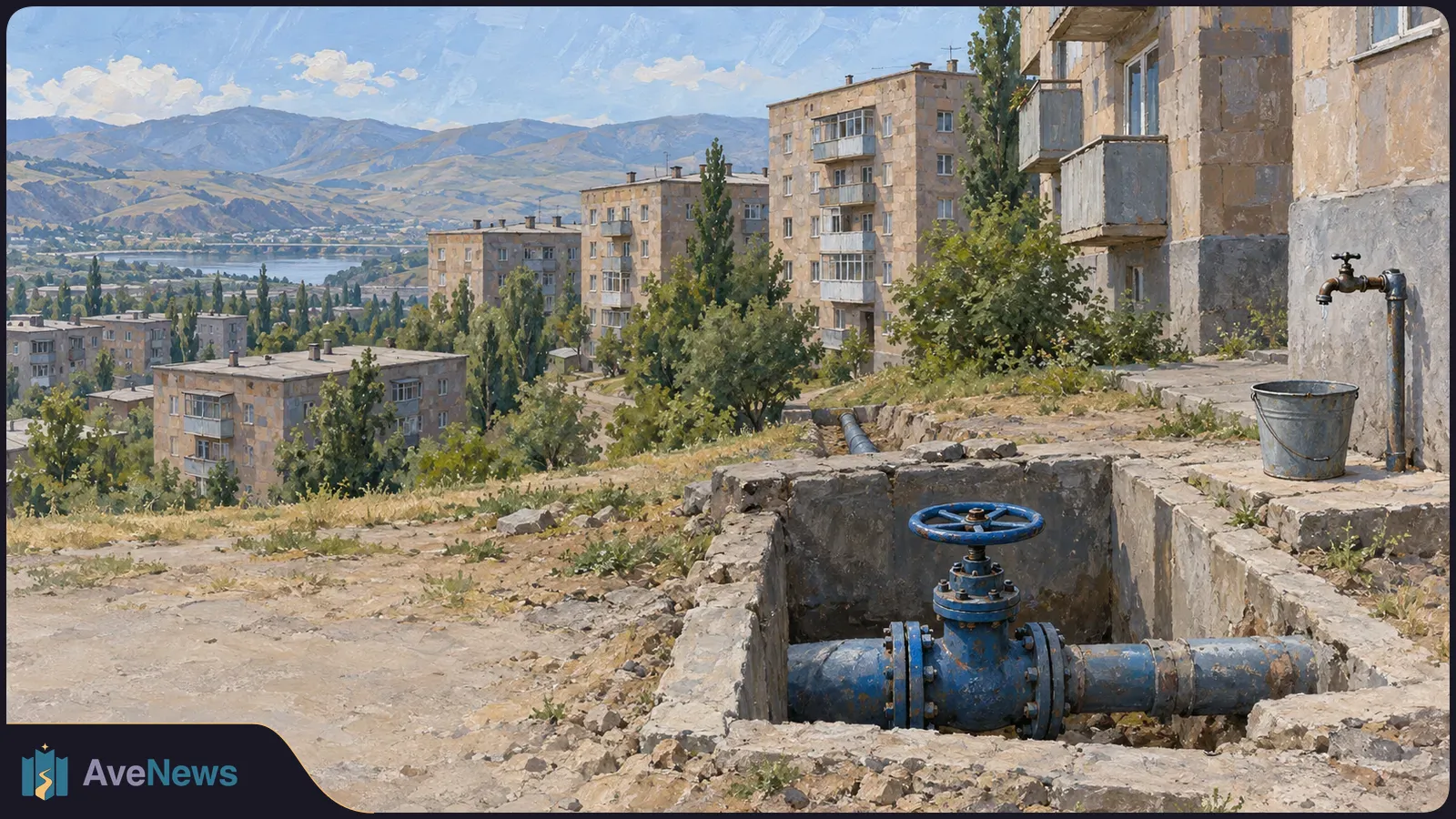 A painted hillside of apartment blocks with mountains beyond. In the foreground, a blue pipe valve sits in a concrete pit beside a wall tap and metal bucket. SI illustration