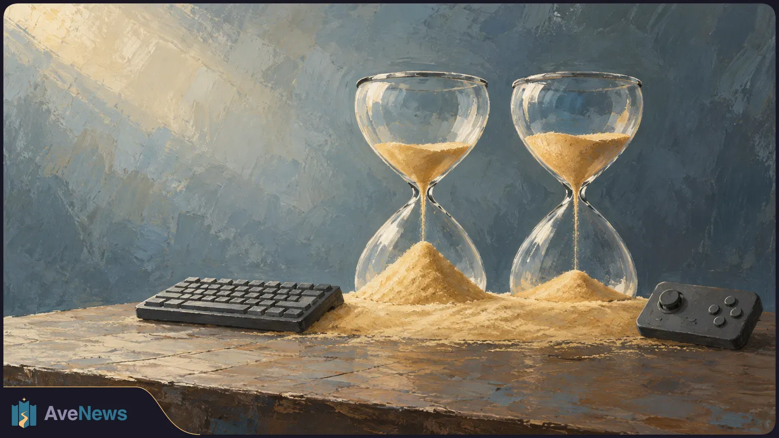 A painted scene shows two sand-filled hourglasses on a wooden table, with a keyboard to the left and a game controller to the right. SI illustration