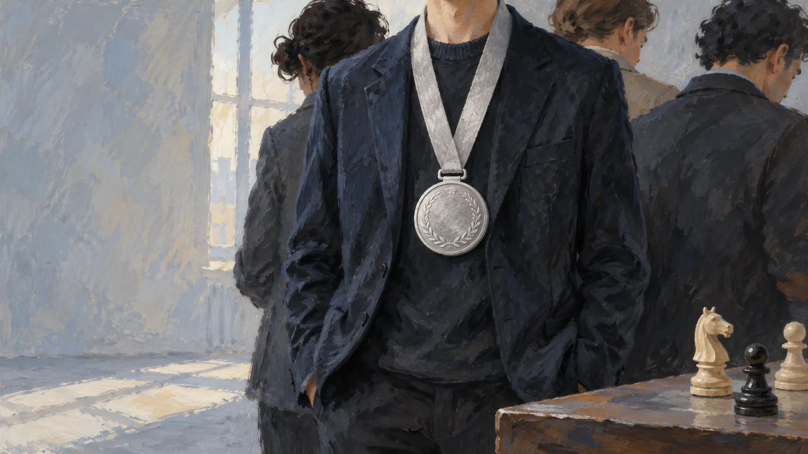 Painted scene of a cropped figure wearing a silver medal, with three other figures behind them and chess pieces on a table at right. SI illustration