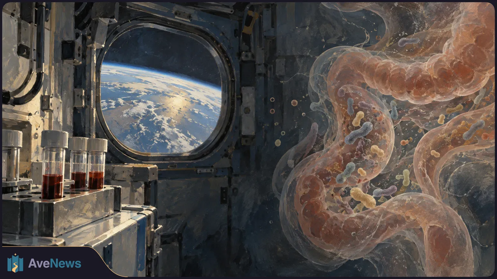 A painted space-station interior shows blood sample tubes beside a window overlooking Earth, with translucent intestines and microbes on the right. SI illustration