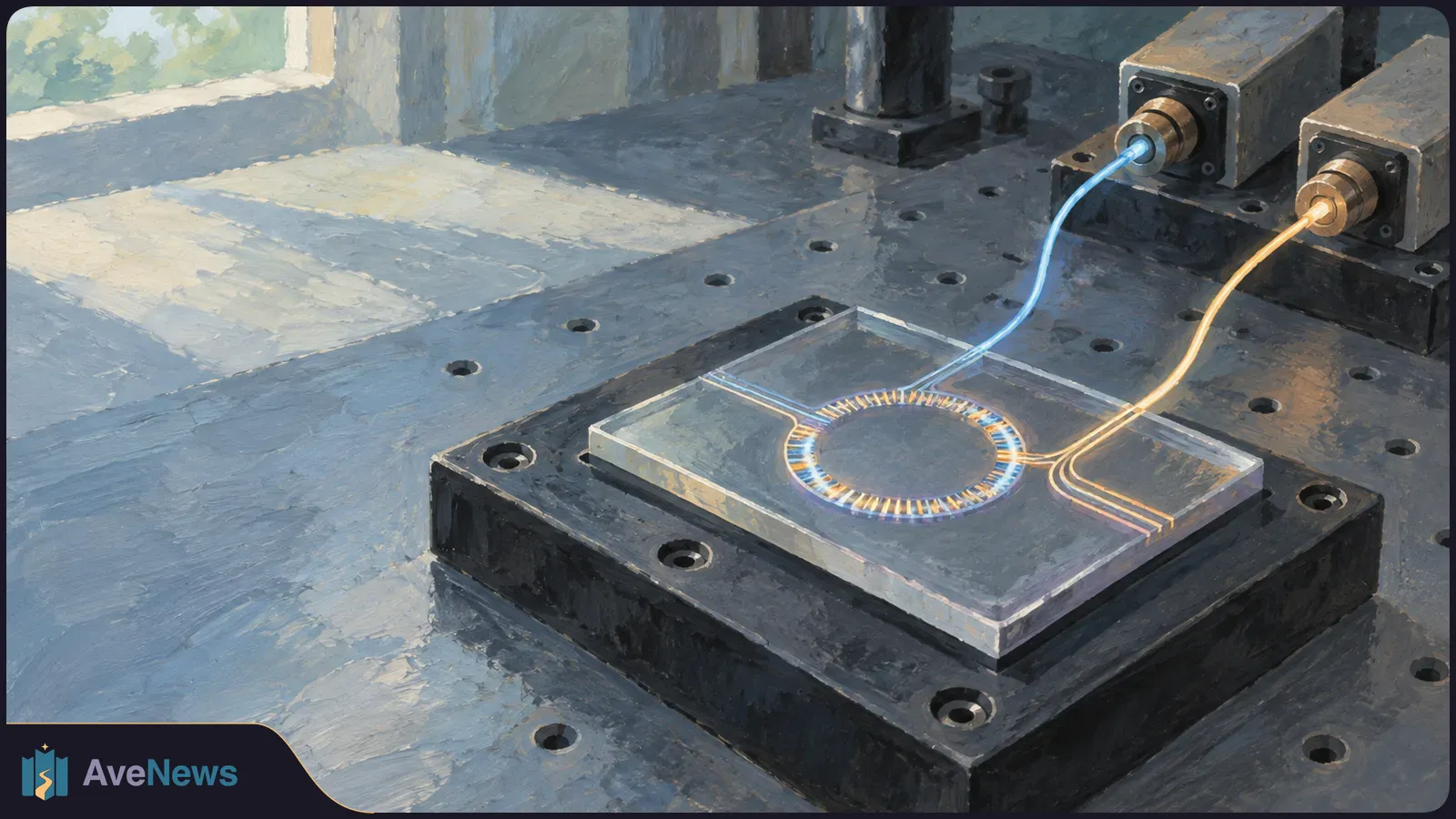 Painted illustration of a small ring-shaped circuit on a clear chip, with blue and orange light paths leading to it from two devices. SI illustration