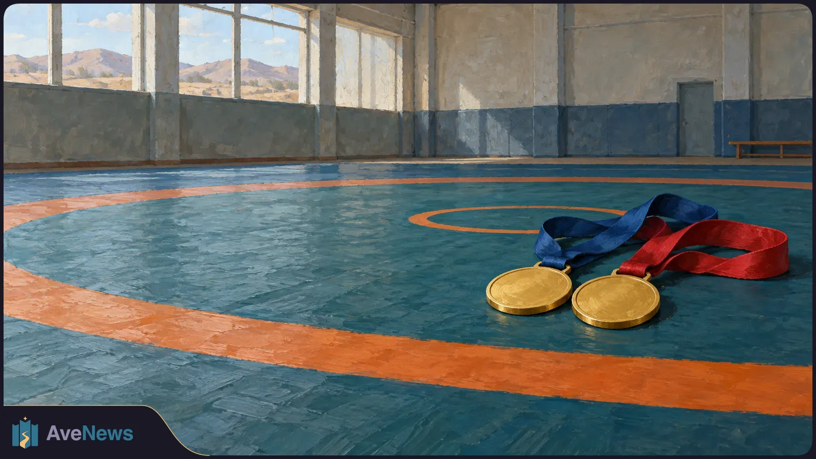 Two gold medals with red and blue ribbons lie on a wrestling mat in an empty sunlit gym, with hills visible through the windows. SI illustration