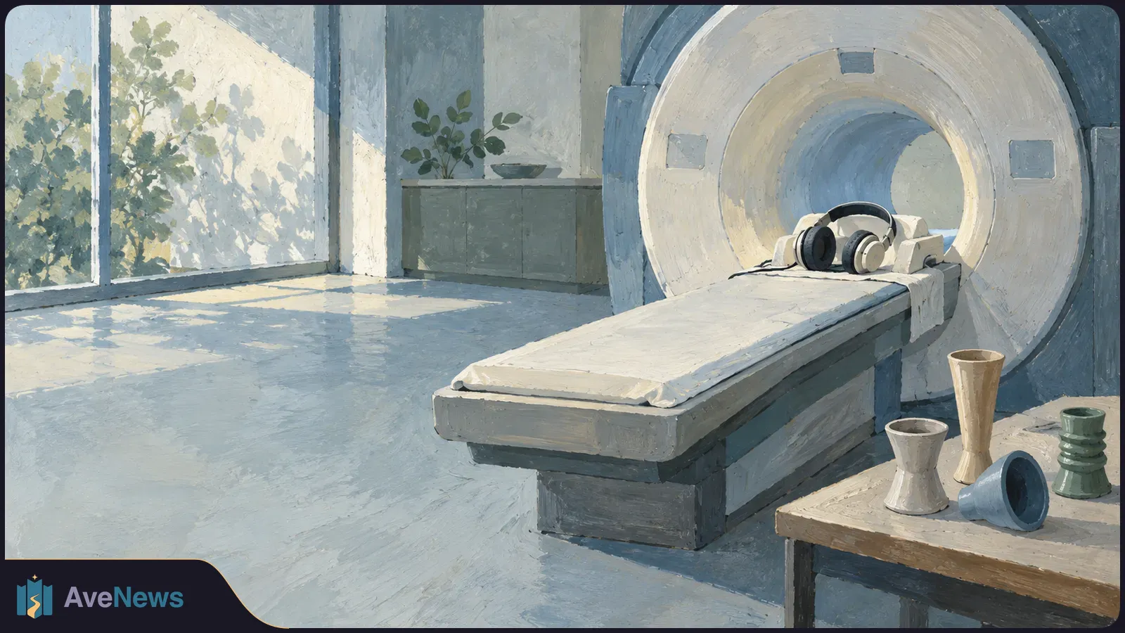 Painted scene of headphones resting on a padded table beside a large circular brain scanner, with sunlit windows and a small table nearby. SI illustration