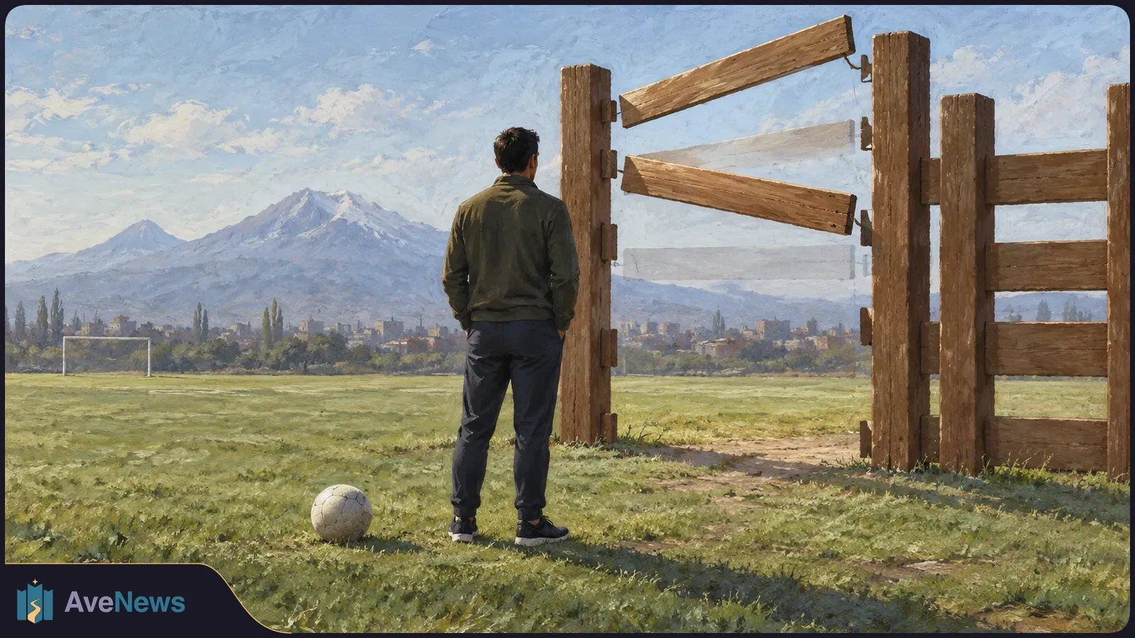 Painting of a man seen from behind beside a soccer ball on a grassy field, facing a wooden gate, with a goal, town and mountains in the distance. SI illustration