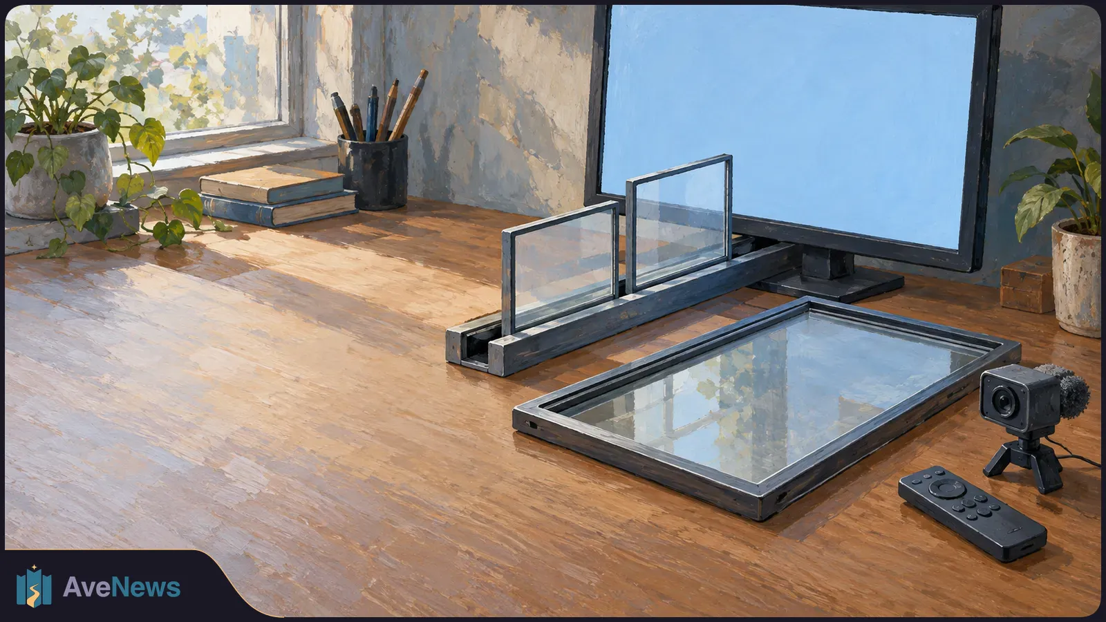 Painted desk scene with a blank blue monitor, glass panels, a small camera and a remote control beside plants and books. SI illustration