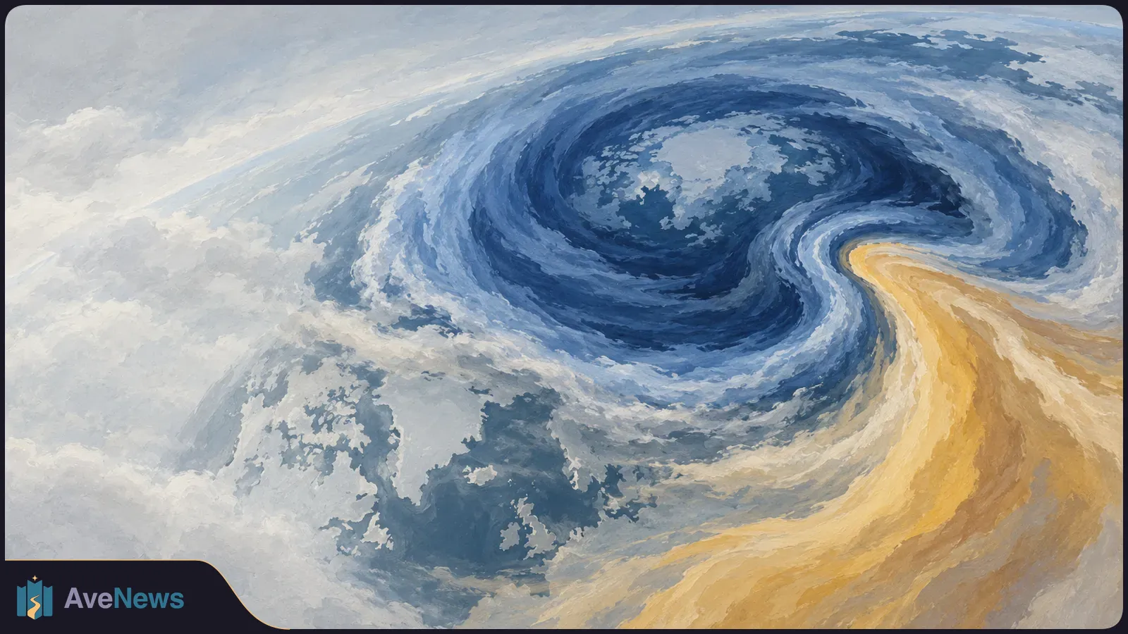 A painterly swirl of blue and white clouds forms a dark central vortex, with a broad golden current curling into it from the lower right. SI illustration