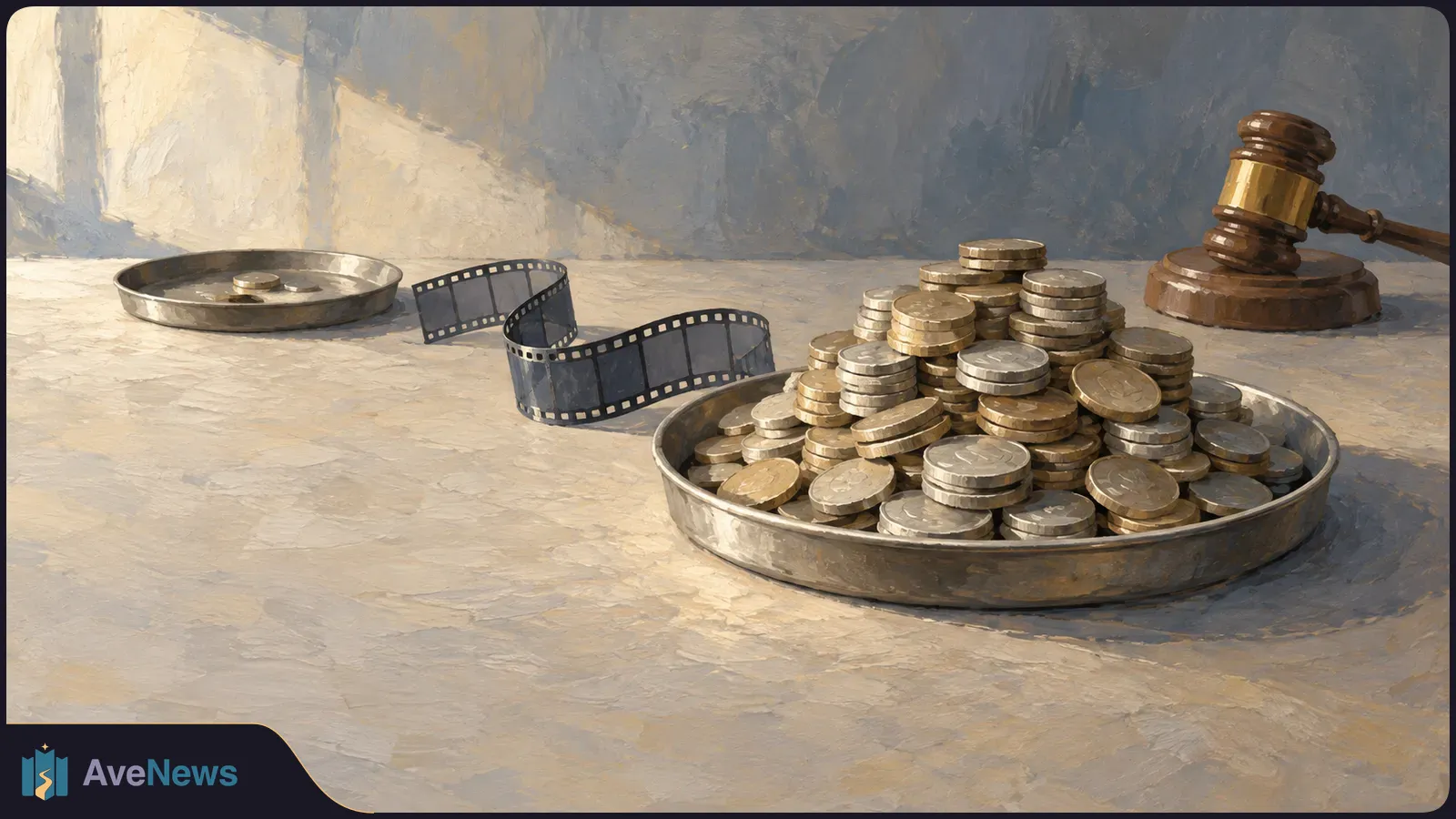 Painterly illustration of stacked coins in a metal tray, a curling filmstrip, a nearly empty tray and a wooden gavel on a tabletop. SI illustration
