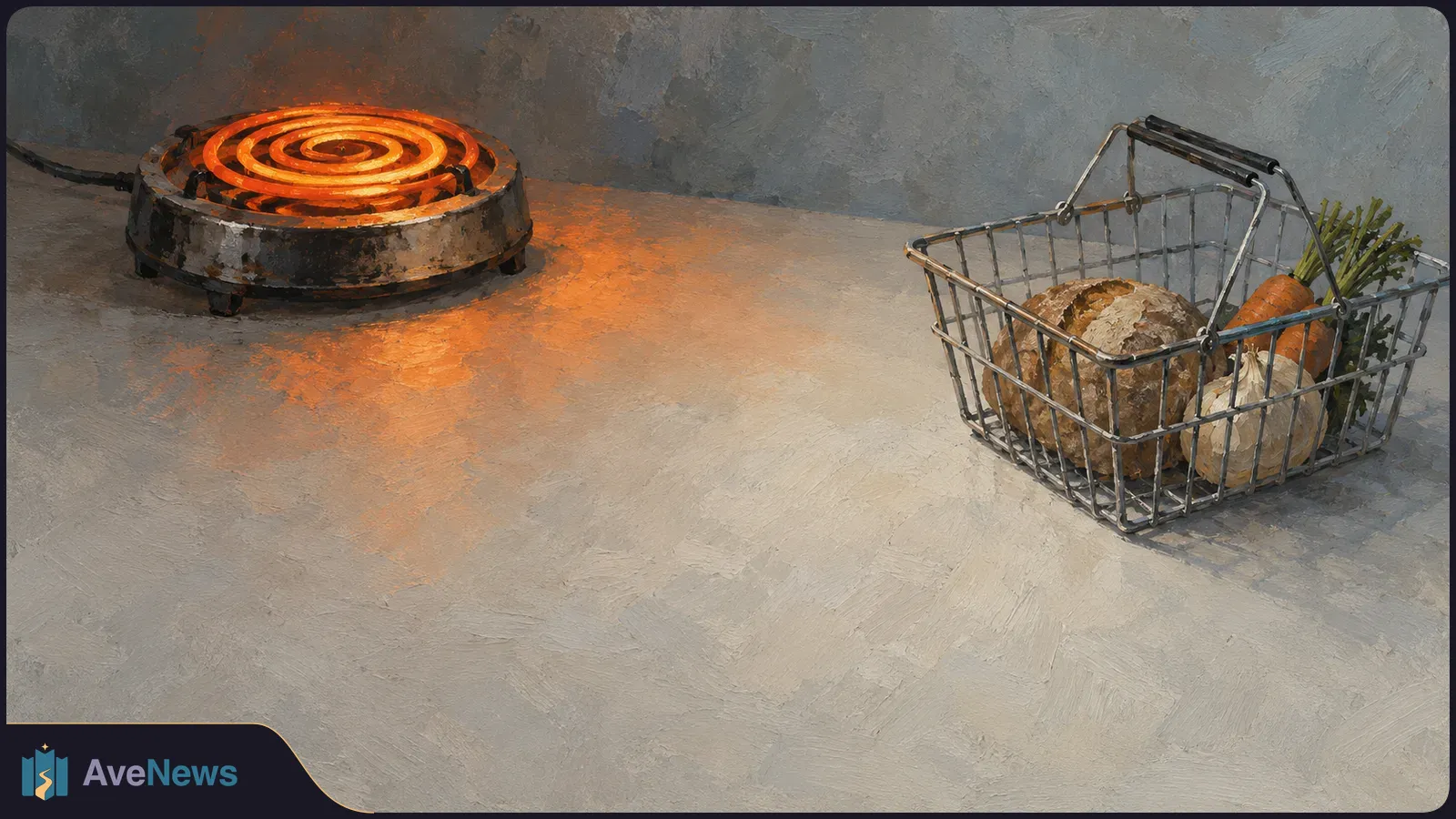 A glowing electric burner sits beside a wire basket holding bread, carrots and other vegetables on a bare countertop. SI illustration
