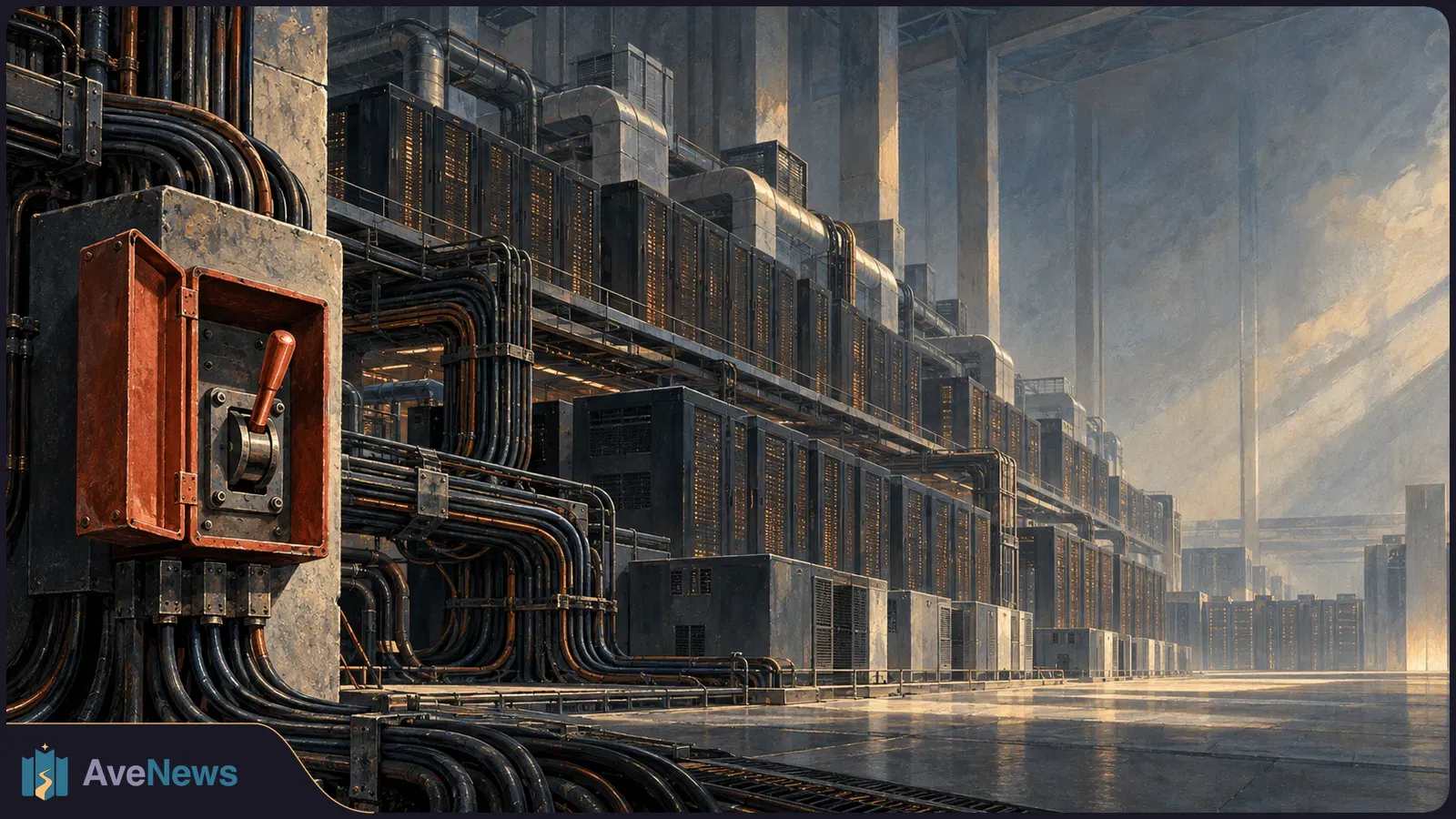 Illustrated server hall with an open red switch box and lever in the foreground. Thick cables and rows of server racks recede into warm light. SI illustration