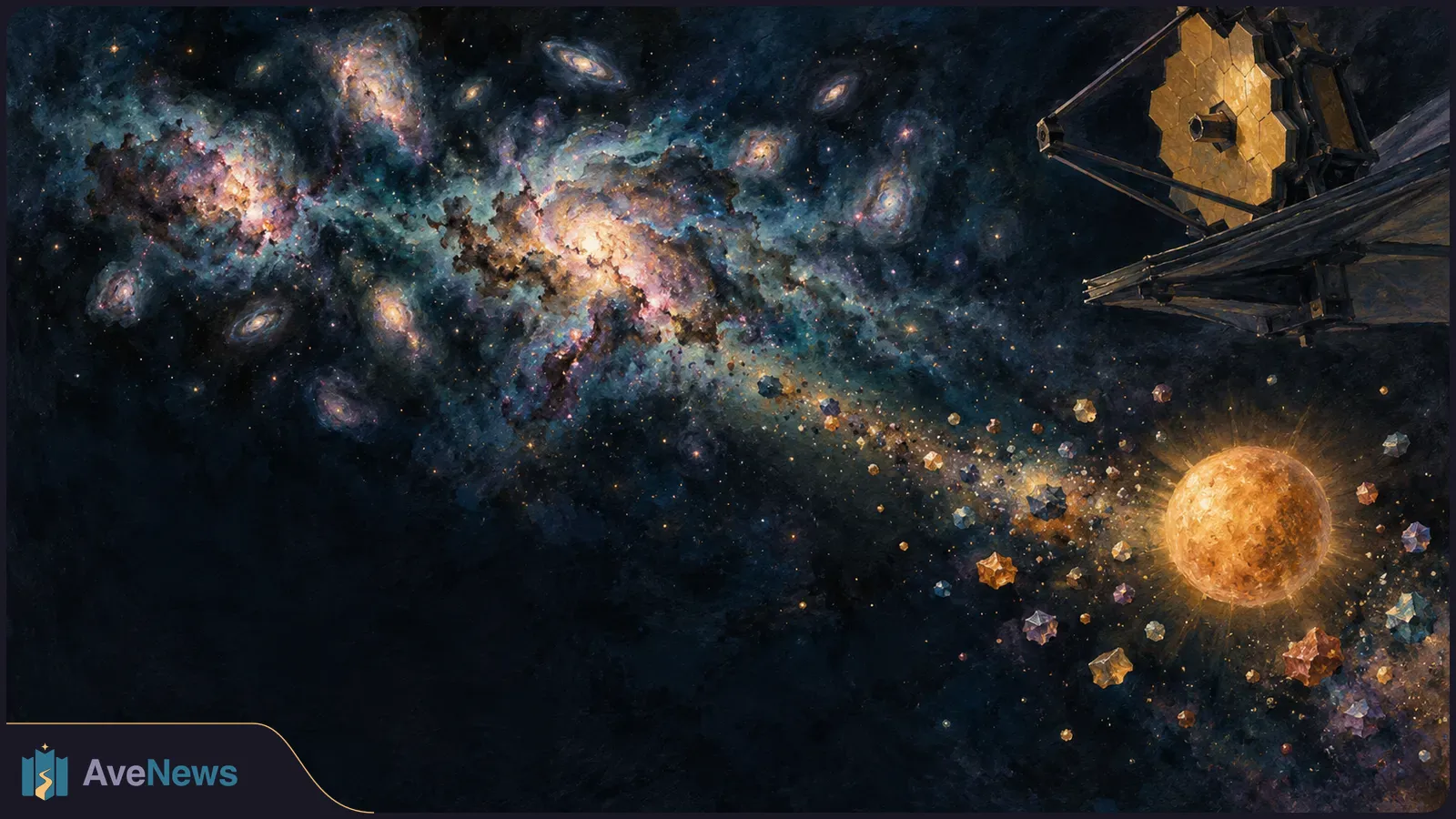 Painted space scene with a gold segmented telescope mirror at upper right, colorful galaxies across the left, and a glowing orange star amid scattered faceted particles. SI illustration