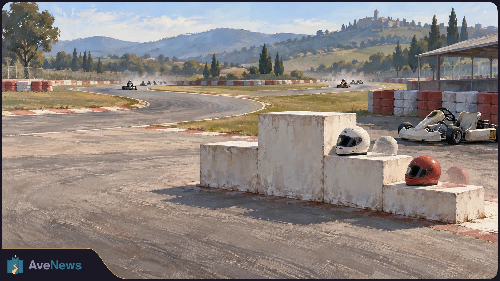 Painted karting circuit with racers rounding a bend; helmets rest on a three-step podium beside a parked go-kart, with hills in the background. SI illustration