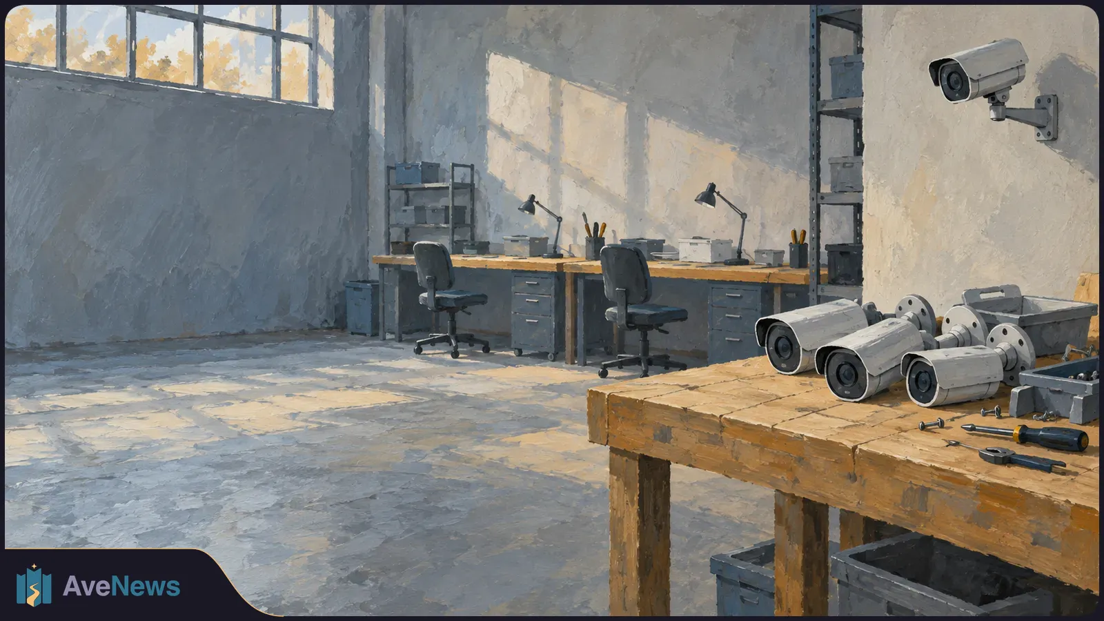 Painted workshop with three security cameras on a wooden workbench and one mounted on the wall. Empty desks and chairs stand behind them. SI illustration