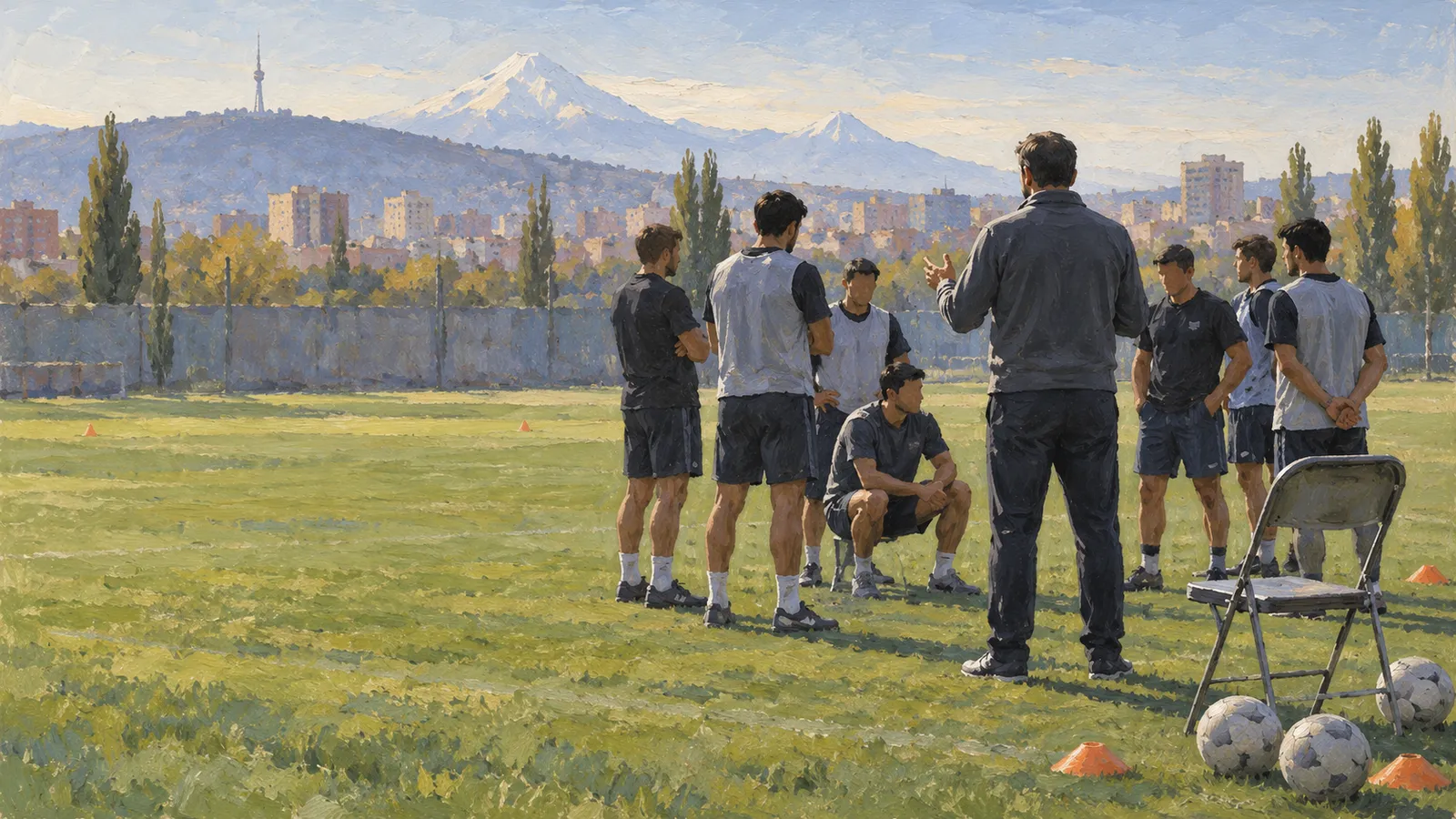 A painted scene of a man addressing football players on a grassy field, with balls, cones and a folding chair nearby. A city and snow-capped mountains rise behind them. SI illustration