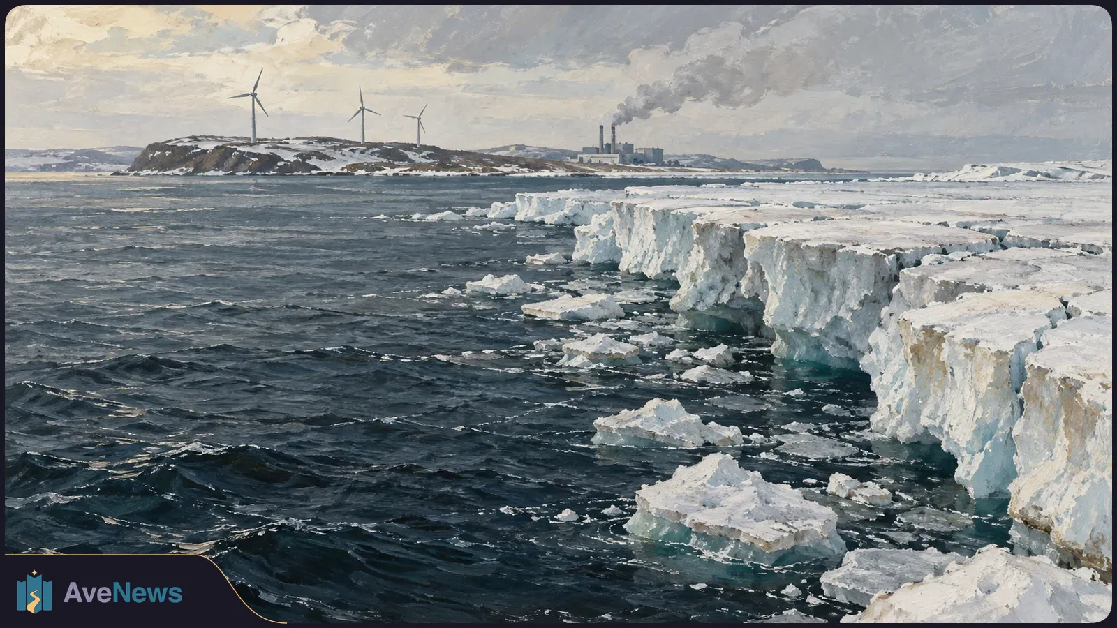 Painted seascape with broken ice along the shore, three wind turbines on a snowy ridge, and a distant industrial plant releasing smoke beneath a cloudy sky. SI illustration
