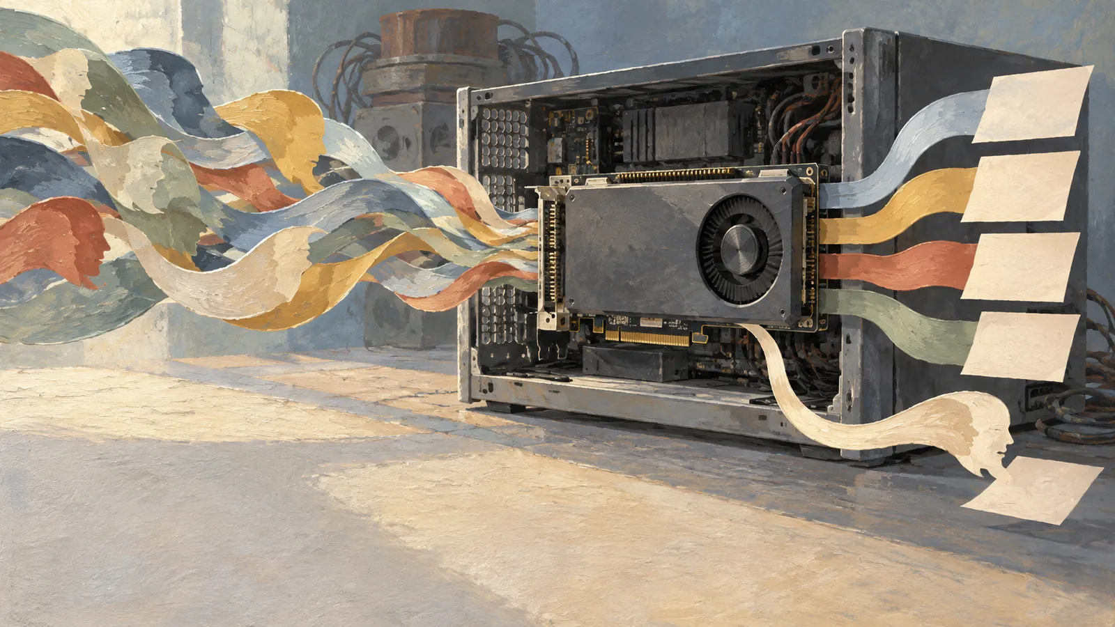 A painted open computer with a large graphics card, surrounded by colorful ribbons bearing profile silhouettes and leading to blank sheets. SI illustration