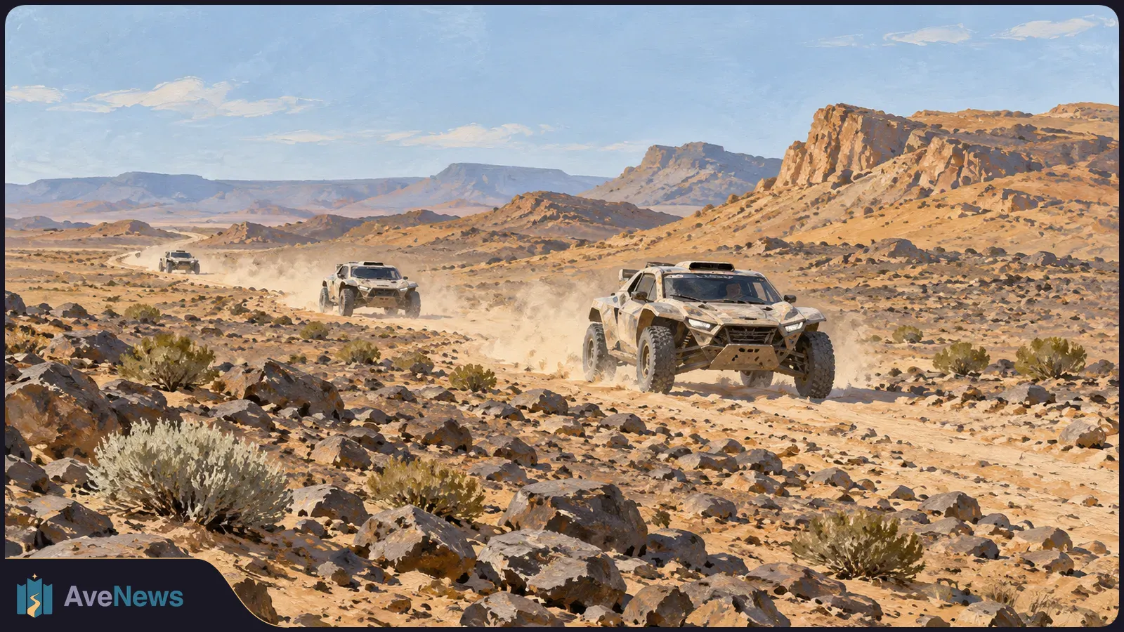 Three off-road rally vehicles drive along a rocky desert track, raising dust beneath a blue sky and distant cliffs. SI illustration