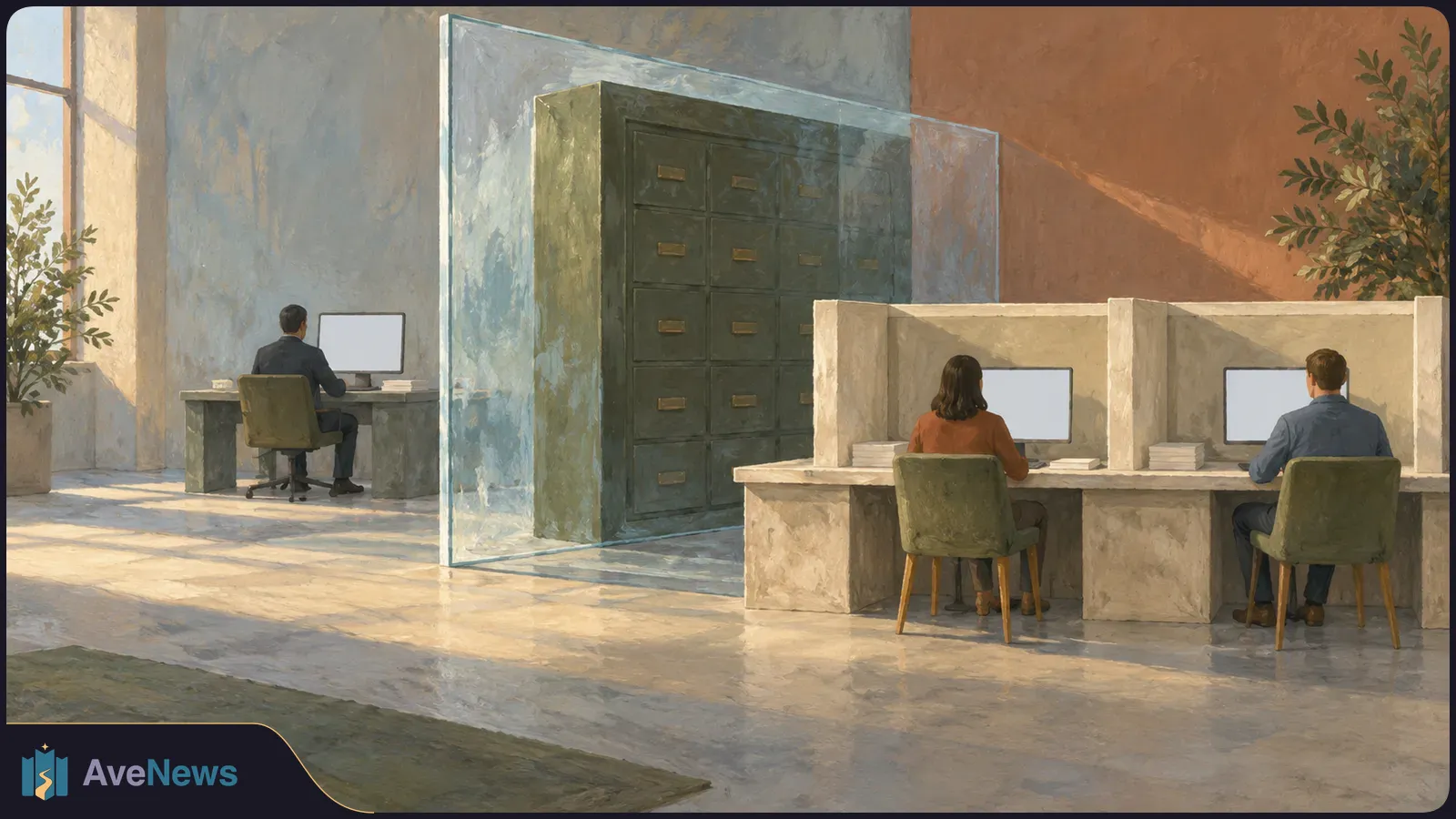 Painted office scene with three people at separate computer desks, a large filing cabinet behind a glass partition, and sunlight across the floor. SI illustration